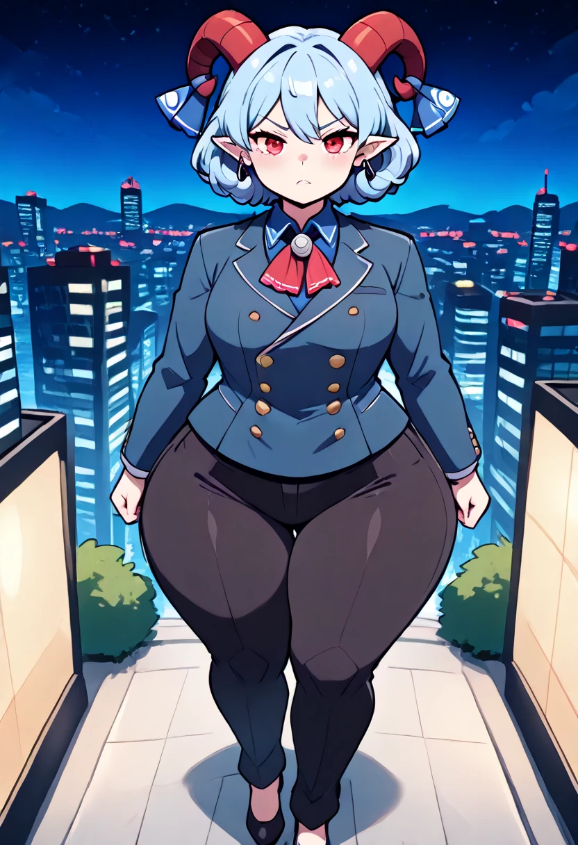 ((best quality, 4k, 8k, anime bishoujo, one girl, masterpiece), ((((beautiful extremely detailed face)))), (detailed eyes), red eyes, natural lighting, ((giantess, GTS, taller than a building)), ((yuuma toutetsu, yuuma)), (wavy hair, short hair, light blue hair, curved red horns), (((green business suit, blazer, double breasted suit, long pants, black pants))), ((flat breasts, SSBBW, chubby, hyper bottom heavy, wide hips, colossal hips, blimphips, colossal thighs, blimpthighs, ((extremely wide waist)), )), natural lighting, ((detailed background, night sky, city lights, miniture city, greenery)), pov from above, striking pose,
