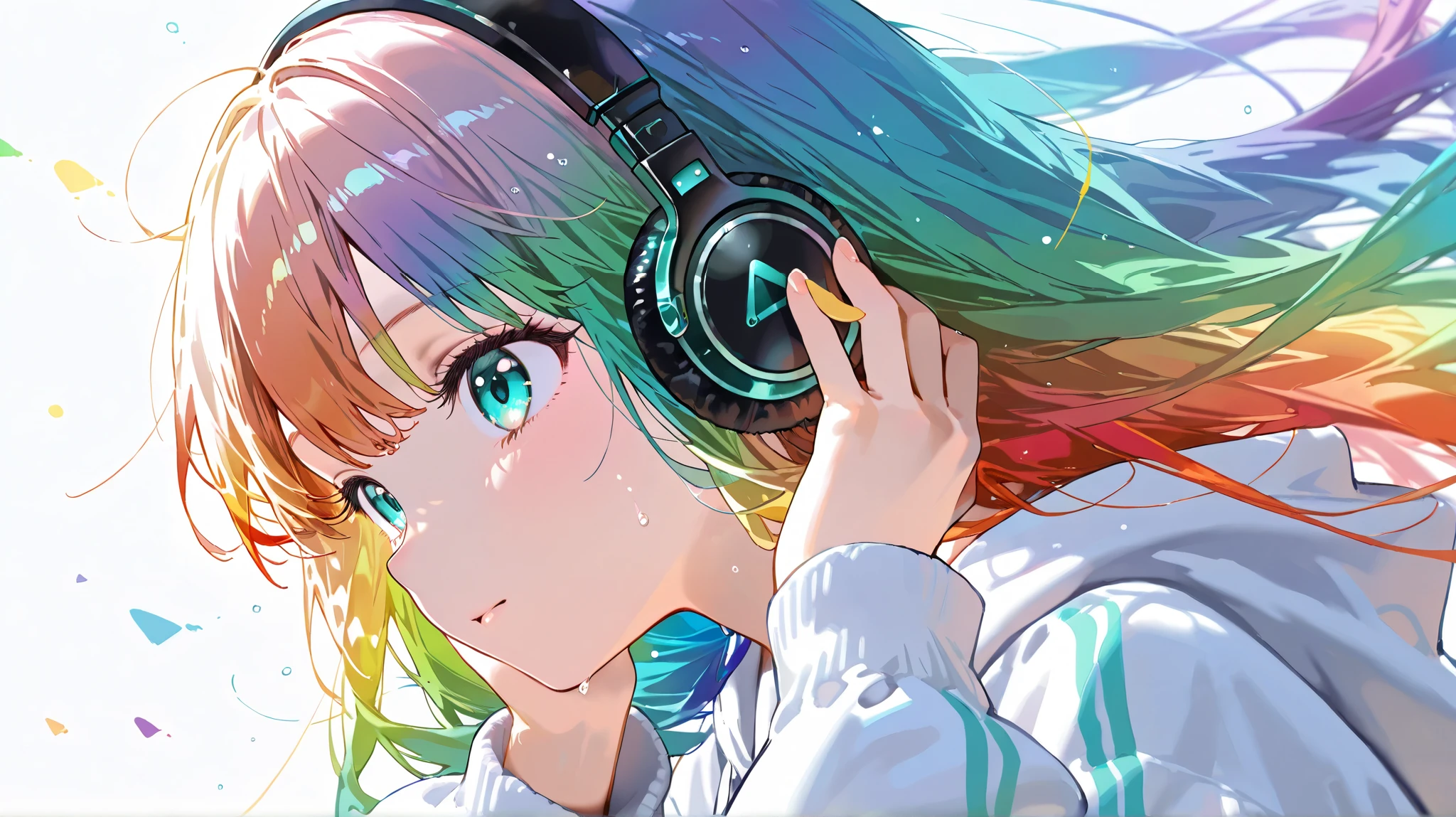 1 girl, clear, The side of the face , Aqua Eyes, Rainbow hair , long hair, Colorful inner bristles, headphones, hoodie