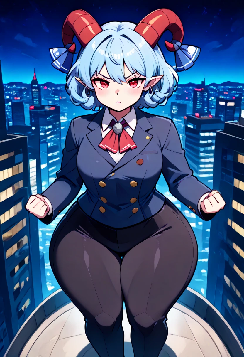 ((best quality, 4k, 8k, anime bishoujo, one girl, masterpiece), ((((beautiful extremely detailed face)))), (detailed eyes), red eyes, natural lighting, ((giantess, GTS, taller than a building)), ((yuuma toutetsu, yuuma)), (wavy hair, short hair, light blue hair, curved red horns), (((green business suit, blazer, double breasted suit, long pants, black pants))), ((flat breasts, SSBBW, chubby, hyper bottom heavy, wide hips, colossal hips, blimphips, colossal thighs, blimpthighs, ((extremely wide waist)), )), natural lighting, ((detailed background, night sky, city lights, miniture city, greenery)), high angle, striking pose, (magazine cover, poaster, text),