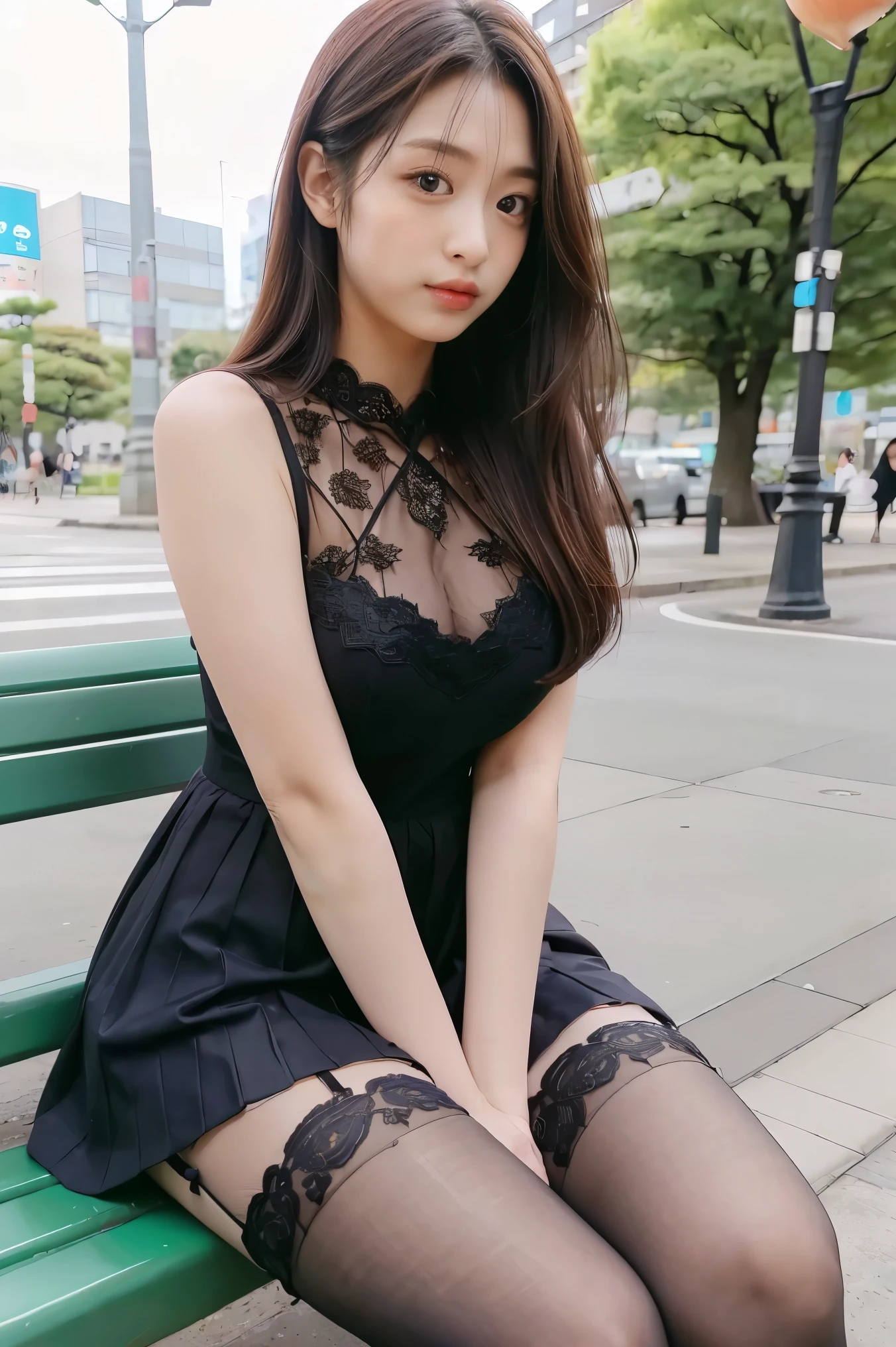 1girll、Masterpiece Mastepiece, Best Quality, Illustration, Ultra-detailed, finely detail, hight resolution, high-level image quality、8K Wallpaper, a Korean girl、韓国アイドル、Perfect dynamic composition, Beautiful detailed eyes, Random Dresses,Medium Hair, cleavage of the breast, Natural Color Lip, ((Spread your legs apart))、((I can see panties)),Beautiful skin、Smile,Street Walk、20 years girl