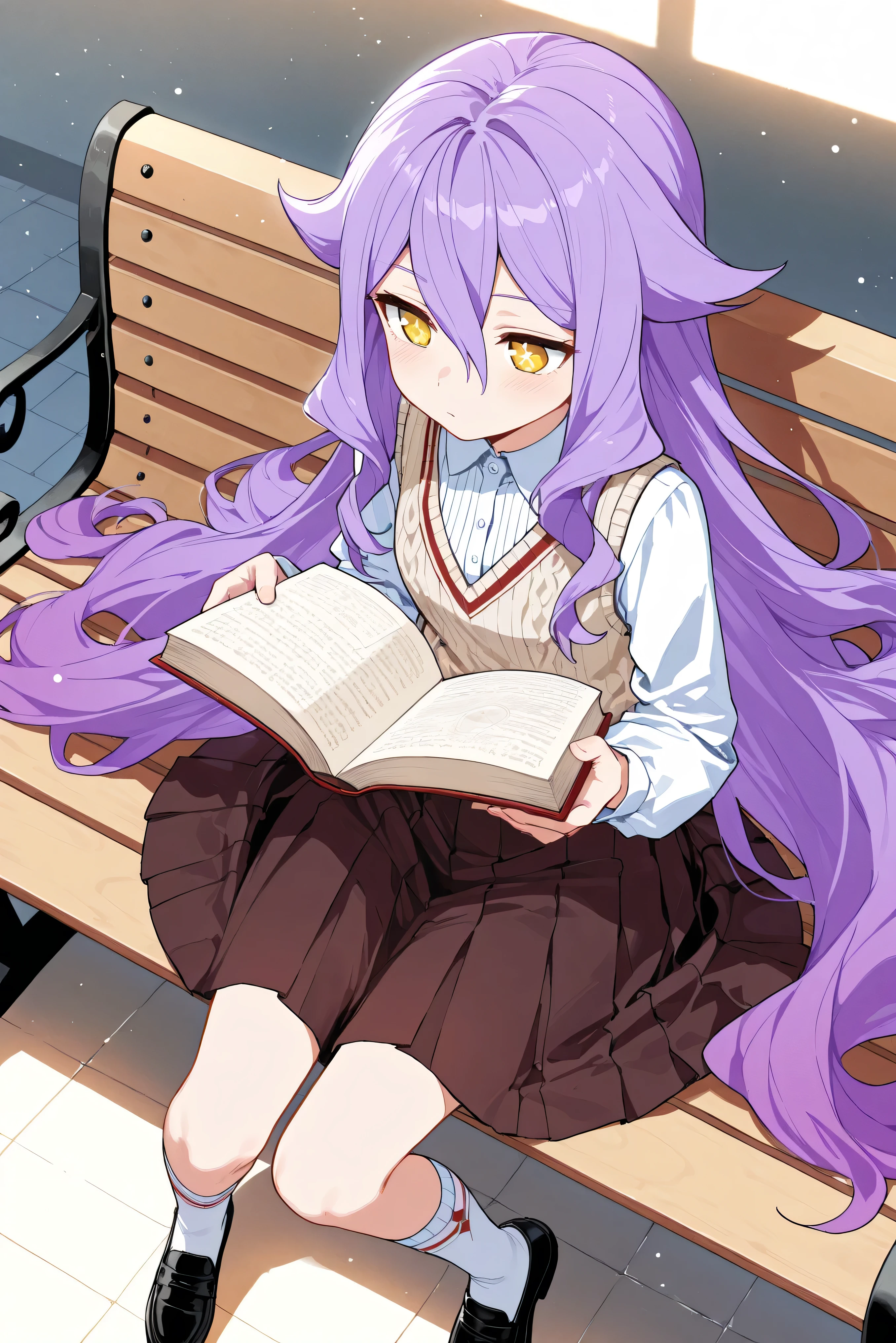 score_9, score_8_up, score_7_up, masterpiece, best quality, very aesthetic, absurdres, tunning image, light particles, attractive image, solo, 1girl, Sirin, long hair, purple hair, yellow eyes, x-shaped pupils, diamond-shaped pupils, masterpiece,best quality,amazing quality, 5 fingers, alternate costume, An anime character dressed in a Preppy Academia Style outfit, wearing a sleeveless beige knit vest with subtle argyle patterns layered over a crisp white button-up shirt. They pair it with a neatly pleated dark brown skirt that falls just above the knees. Black oxford shoes and knee-high cream socks complete the refined academic aesthetic. Sitting on a wooden bench in the school garden, they hold an open book, immersed in the peaceful afternoon atmosphere