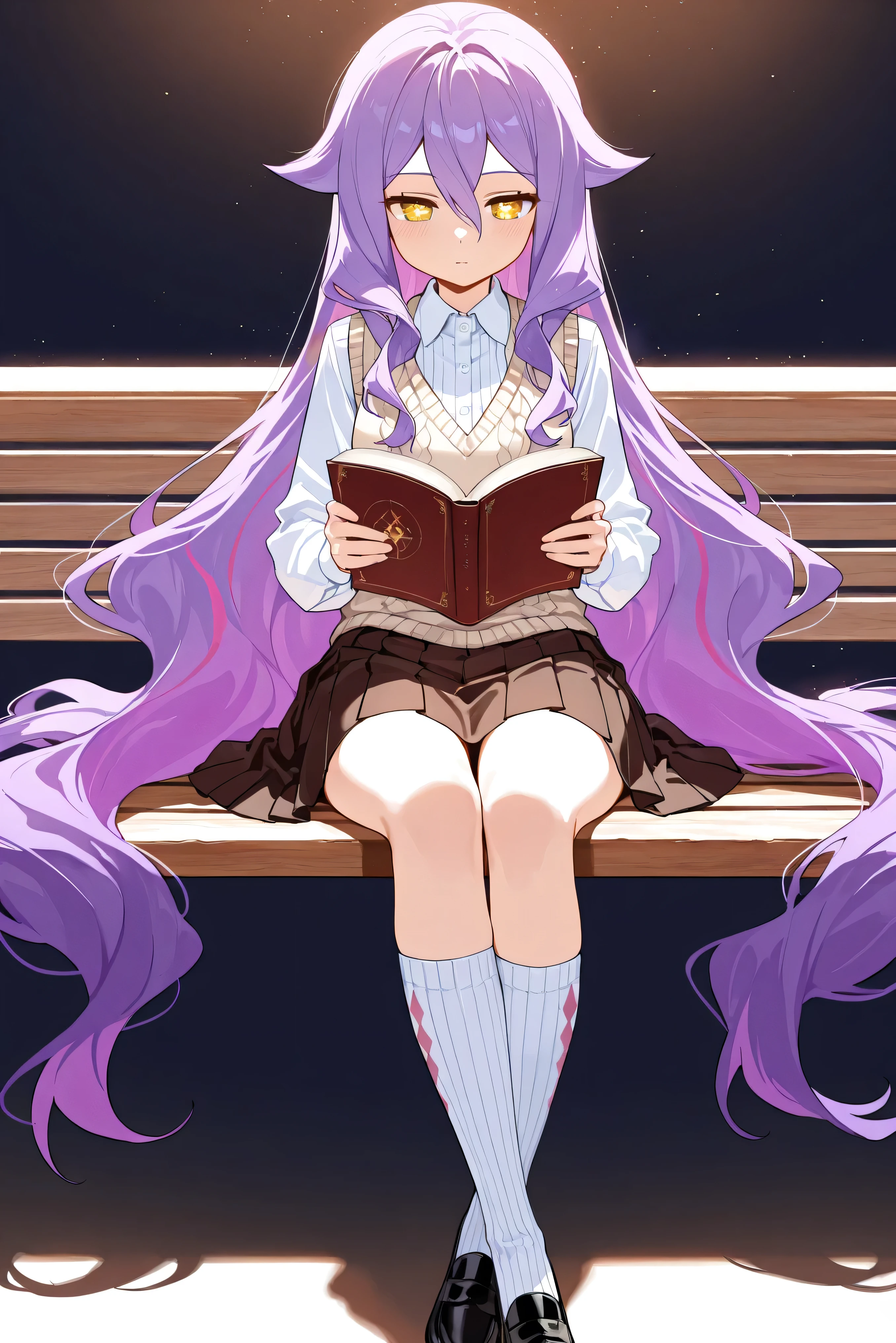 score_9, score_8_up, score_7_up, masterpiece, best quality, very aesthetic, absurdres, tunning image, light particles, attractive image, solo, 1girl, Sirin, long hair, purple hair, yellow eyes, x-shaped pupils, diamond-shaped pupils, masterpiece,best quality,amazing quality, 5 fingers, alternate costume, An anime character dressed in a Preppy Academia Style outfit, wearing a sleeveless beige knit vest with subtle argyle patterns layered over a crisp white button-up shirt. They pair it with a neatly pleated dark brown skirt that falls just above the knees. Black oxford shoes and knee-high cream socks complete the refined academic aesthetic. Sitting on a wooden bench in the school garden, they hold an open book, immersed in the peaceful afternoon atmosphere