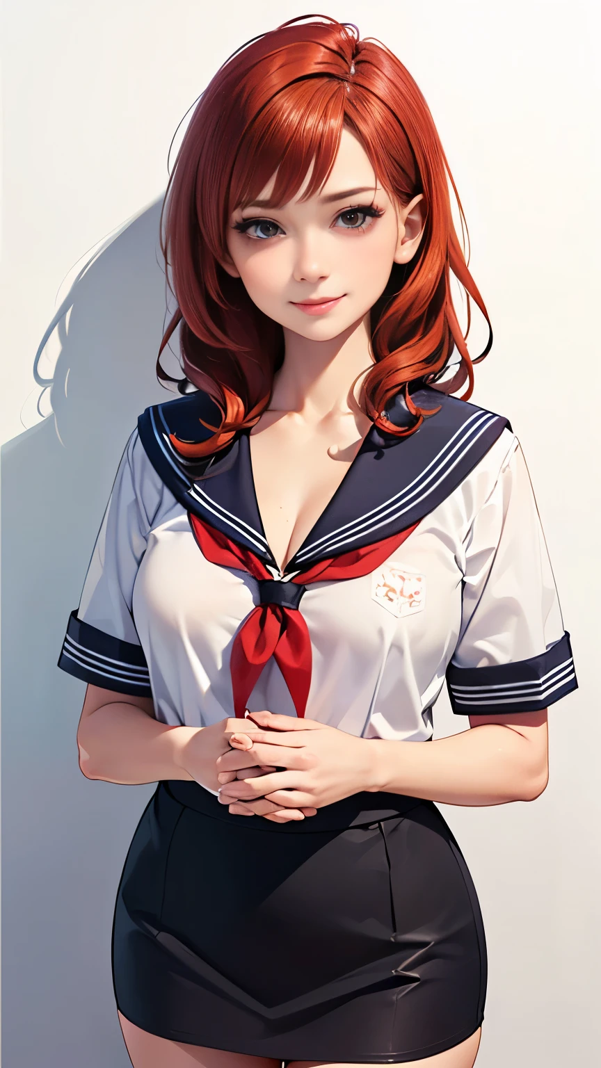 (highest quality, 8K, 32k, masterpiece, nffsw:1.2), (RAW photo), (realistic), (Photoreal:1.2), (High resolution), Super detailedな, very beautiful face and eyes, 1 girl, round and small face, big breasts thin waist、(((small breasts)))、(((white wall background)))、slim proportions, (school uniform, sailor suit、(白いsailor suit, short pencil skirt:1.23), (bust shot)、(((redhead)))、((short sleeve sailor suit))、(Close-up、highest quality、high detail、Rich skin details、nffsw)、(highest quality, 8K, table top:1.2), Super detailed, (realistic, realistic:1.37), (((full body shot)))、Bright colors, (((Hold your hands)))、(((sexy atmosphere)))、((( girl)))、((Bust isDcup))、(((light brown hair)))、(((white background)))、(((cleavage)))、(((girly hairstyle)))、(((long hair)))、(((in front of a white wall)))、(((light brown hair)))、(((I put my hand on my cheek)))、(((he has an evil smile on his face)))、(((The girth of the chest is 85 cm)))、(((small breasts mischievous expression))), (((showing skirt hem)))