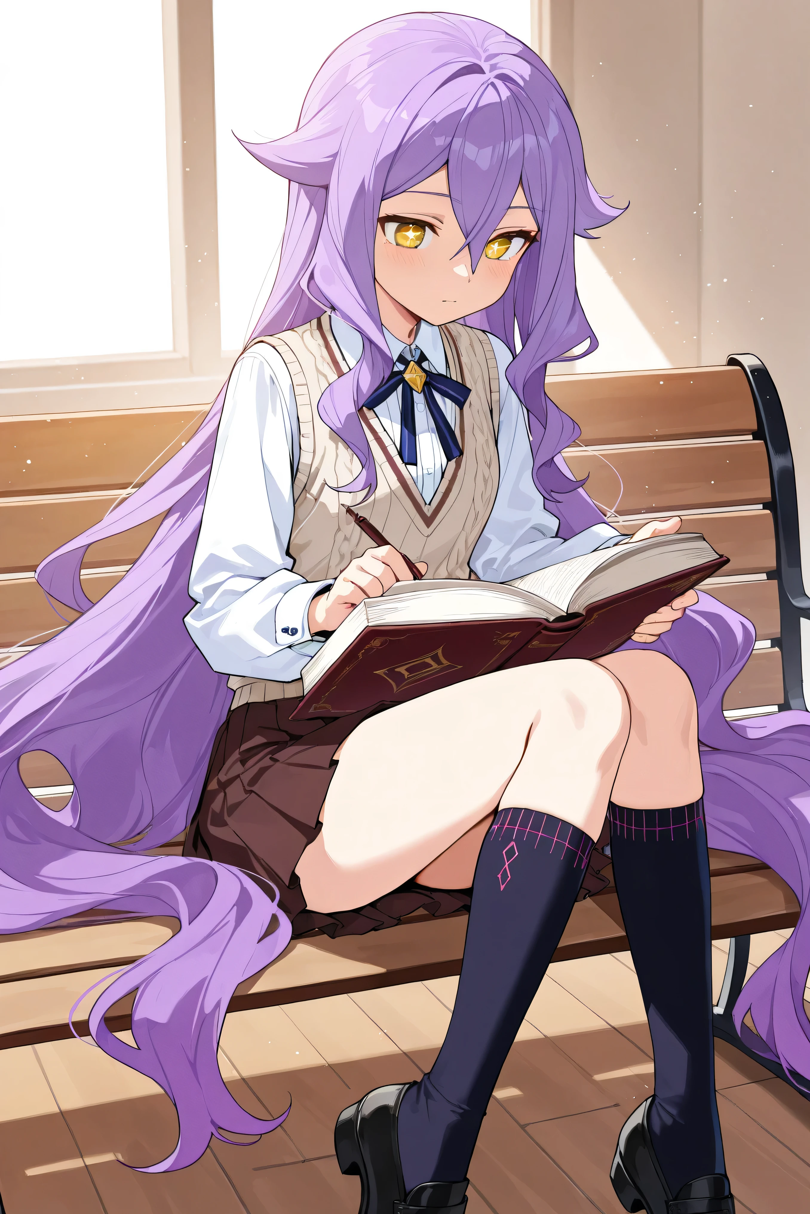 score_9, score_8_up, score_7_up, masterpiece, best quality, very aesthetic, absurdres, tunning image, light particles, attractive image, solo, 1girl, Sirin, long hair, purple hair, yellow eyes, x-shaped pupils, diamond-shaped pupils, masterpiece,best quality,amazing quality, 5 fingers, alternate costume, An anime character dressed in a Preppy Academia Style outfit, wearing a sleeveless beige knit vest with subtle argyle patterns layered over a crisp white button-up shirt. They pair it with a neatly pleated dark brown skirt that falls just above the knees. Black oxford shoes and knee-high cream socks complete the refined academic aesthetic. Sitting on a wooden bench in the school garden, they hold an open book, immersed in the peaceful afternoon atmosphere