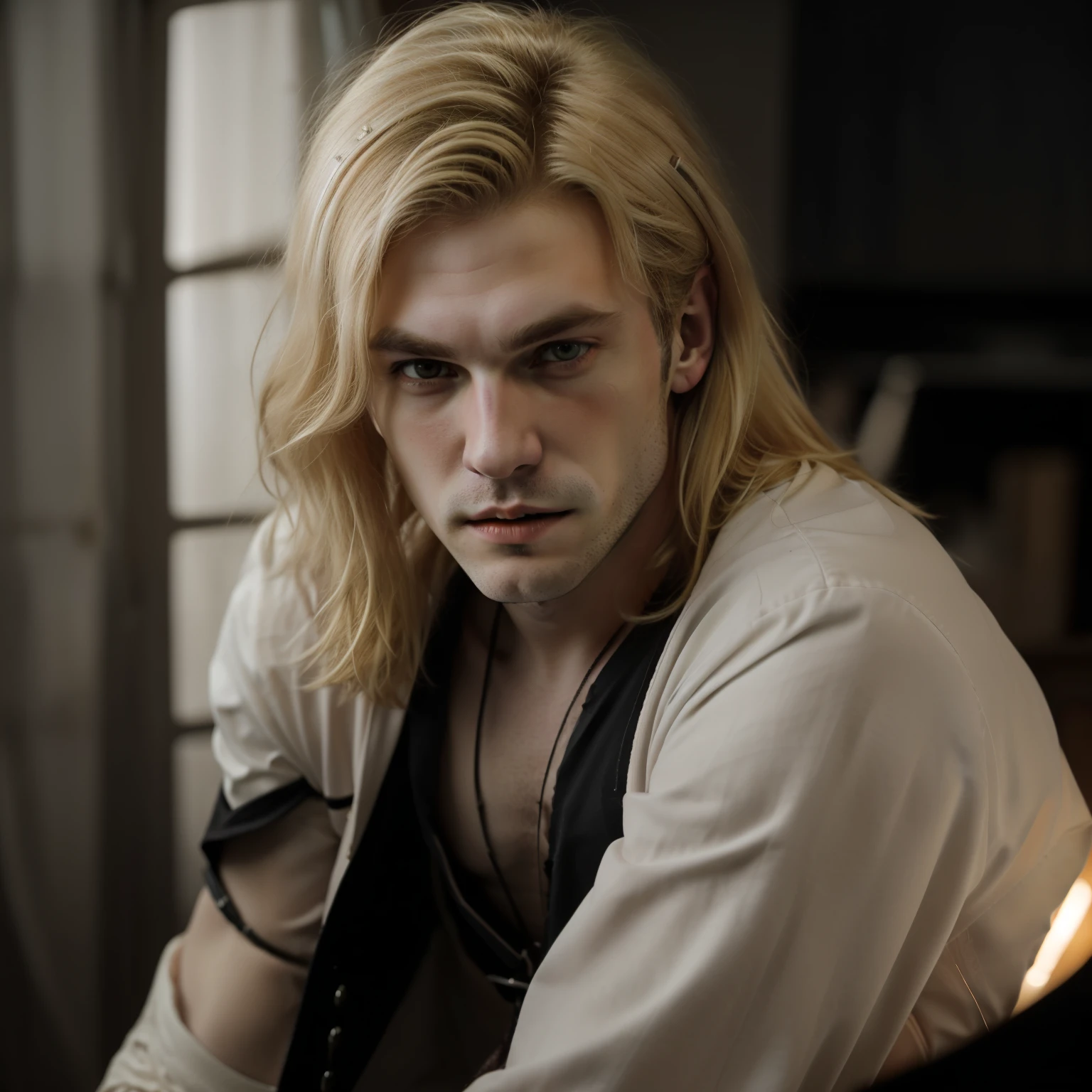 Muscular vampire boy, smiling mischievously revealing fangs, pale skin, blue eyes, medium blond hair, half naked, in a dark gothic castle