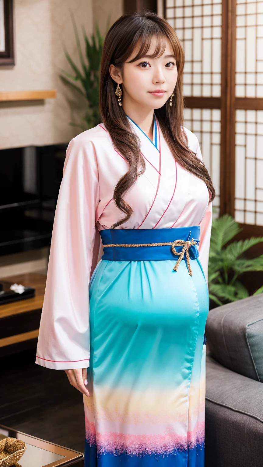 masterpiece, Best Quality, 8K,looking at the viewer,Japanese Lady,20 years old, huge pregnant, Voluptuous, luxury living room background, Korean hanbok, shoulder length hair with fringe, standing 