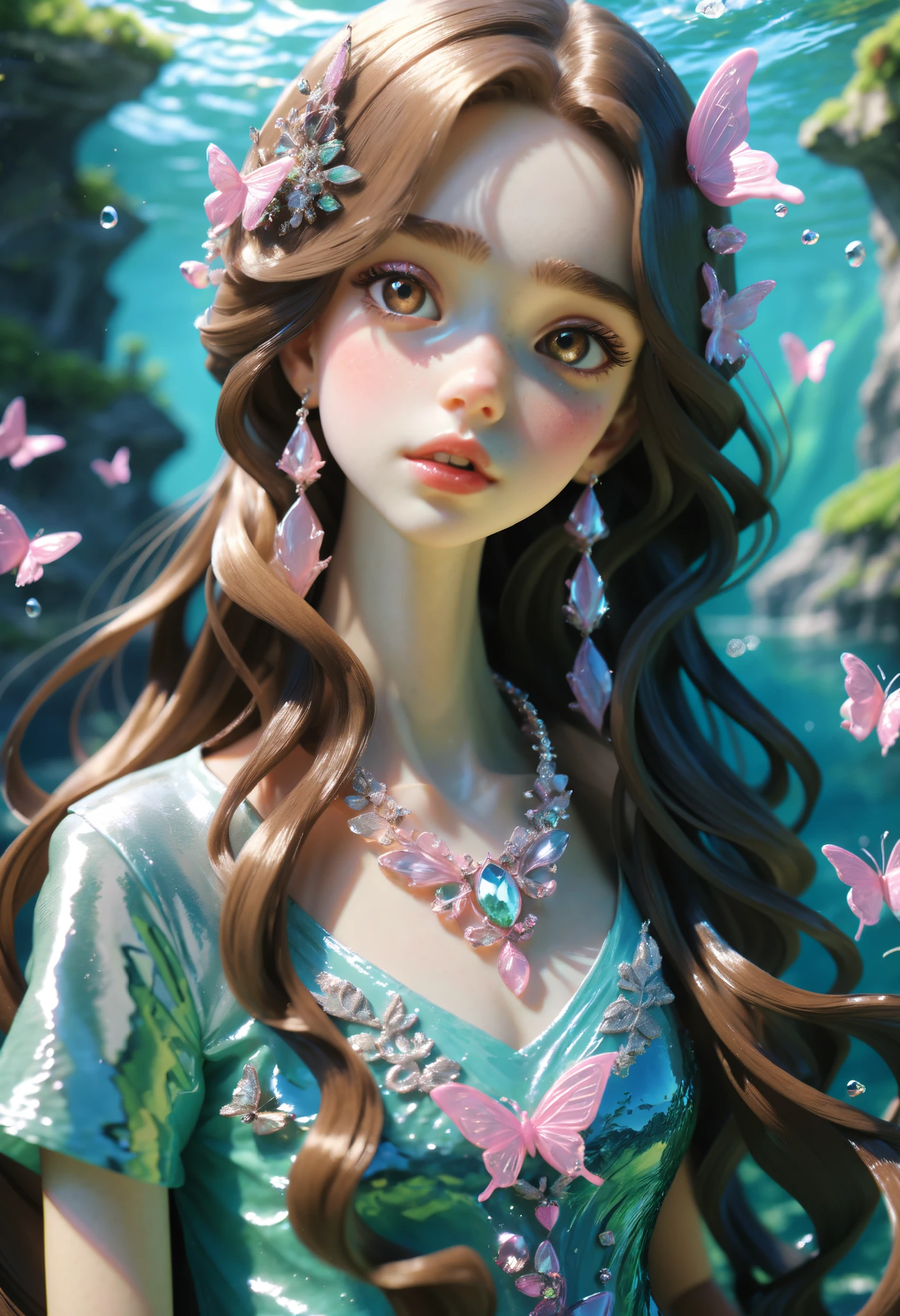 A girl, with long, smooth brown hair, gray brown eyes, light white skin, shiny pink lips, mermaid, wearing a butterfly necklace, t-shirt, beautiful, perfect, high resolution, clear colors.