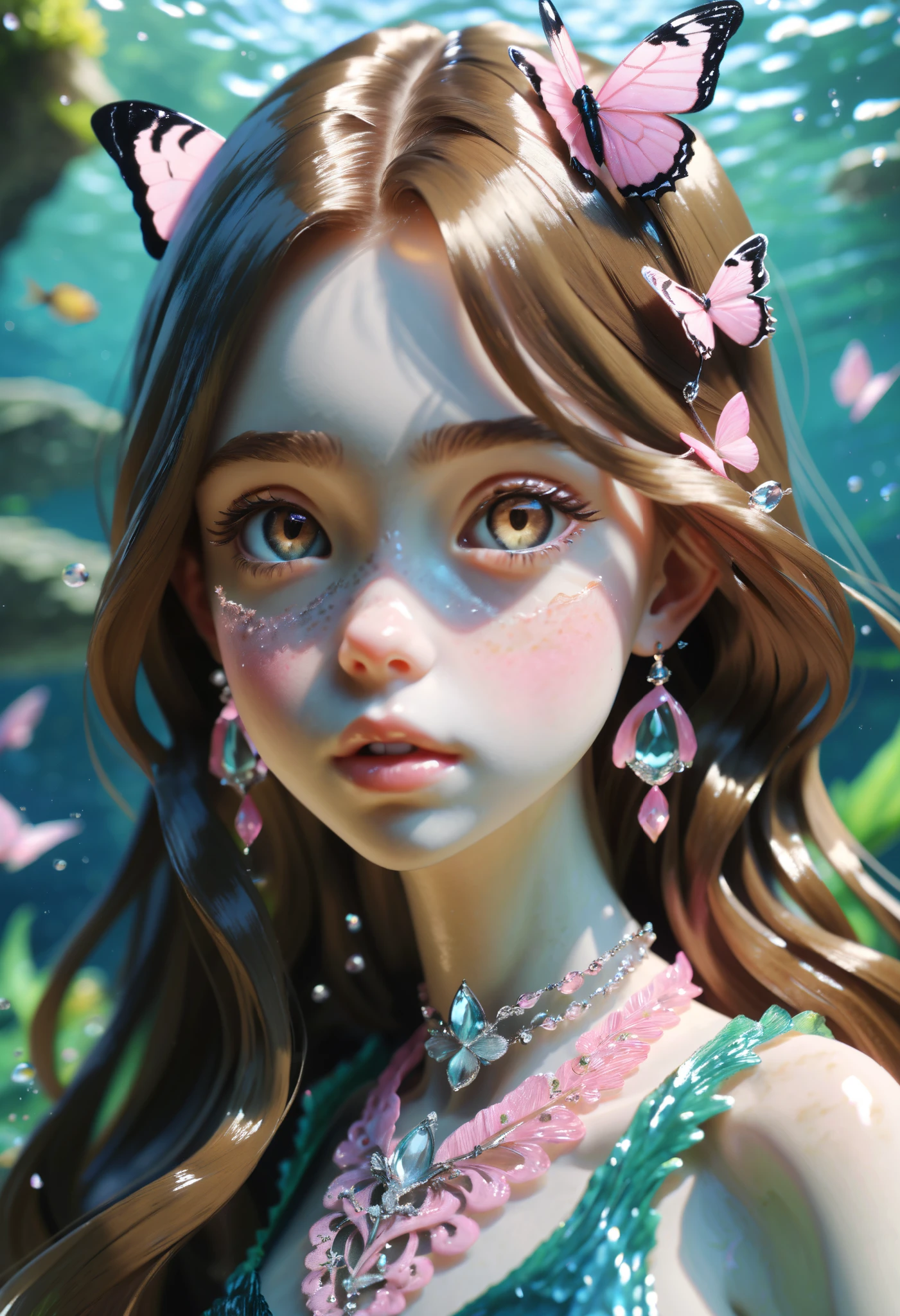 A girl, with long, smooth brown hair, gray brown eyes, light white skin, shiny pink lips, mermaid, wearing a butterfly necklace, t-shirt, beautiful, perfect, high resolution, clear colors.