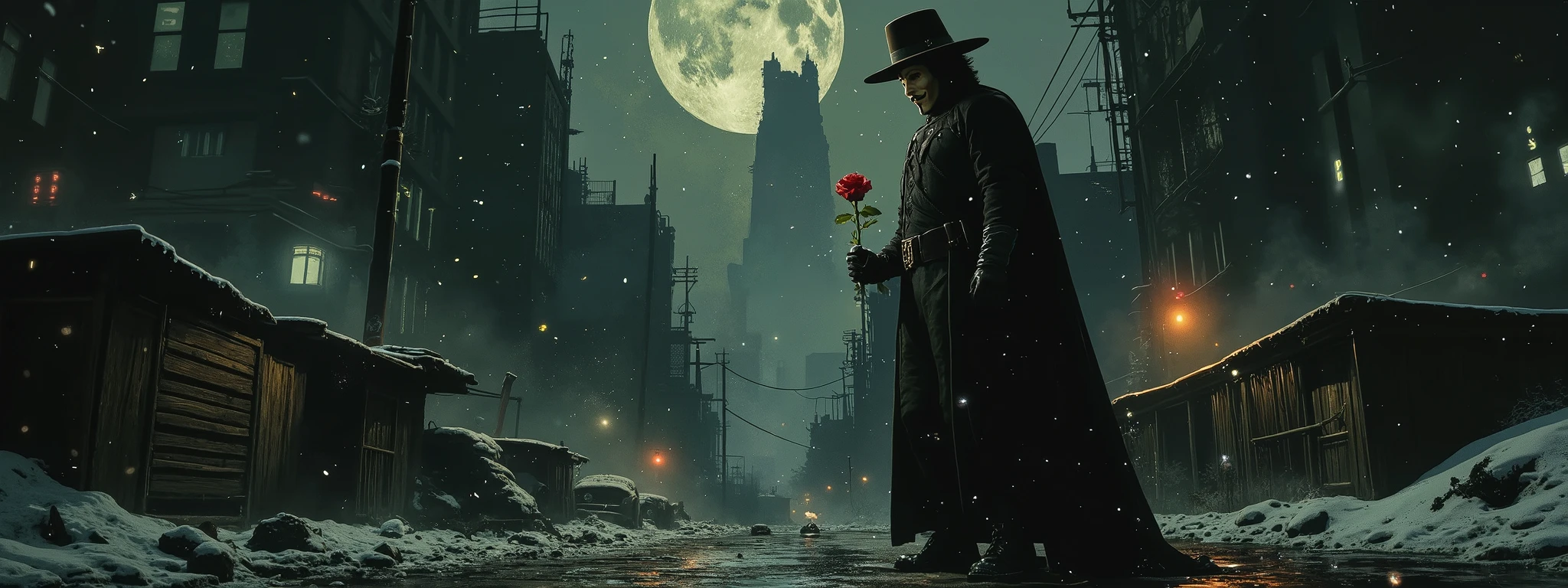 A mysterious masked vigilante, standing in the snow under the glow of a full moon. The scene is set in a dark, dystopian cityscape with wet cobblestone streets reflecting the moonlight. V is cloaked in his iconic black cape and hat, his Guy Fawkes mask slightly illuminated by the moon's silver light. Snow cascades around him, creating a sense of movement and intensity. The background features towering, shadowy buildings with faint neon signs flickering in the distance. Holding a rose.