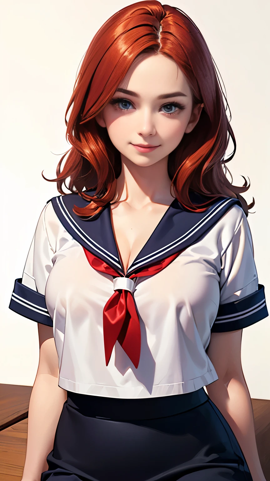 (highest quality, 8K, 32k, masterpiece, nffsw:1.2), (RAW photo), (realistic), (Photoreal:1.2), (High resolution), Super detailedな, very beautiful face and eyes, 1 girl, round and small face, big breasts thin waist、(((small breasts)))、(((white wall background)))、slim proportions, (school uniform, sailor suit、(白いsailor suit, short pencil skirt:1.23), (bust shot)、(((redhead)))、((short sleeve sailor suit))、(Close-up、highest quality、high detail、Rich skin details、nffsw)、(highest quality, 8K, table top:1.2), Super detailed, (realistic, realistic:1.37), (((full body shot)))、Bright colors, (((Hold your hands)))、(((sexy atmosphere)))、((( girl)))、((Bust isDcup))、(((light brown hair)))、(((white background)))、(((cleavage)))、(((girly hairstyle)))、(((long hair)))、(((in front of a white wall)))、(((light brown hair)))、(((I put my hand on my cheek)))、(((he has an evil smile on his face)))、(((The girth of the chest is 85 cm)))、(((small breasts mischievous expression))), (((showing skirt hem)))