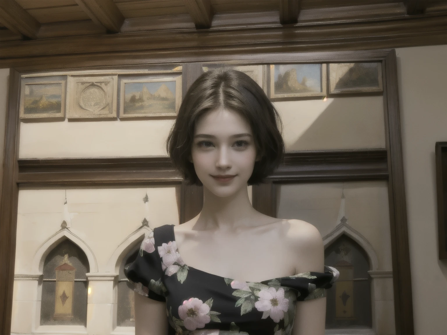 359 (20-year-old woman),(short hair), ( High Definition Photos ), (smile), (colorful floral dress), (Leonardo da Vinci Paintings), (Castle Stone Wall)