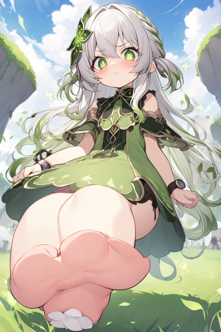 masterpiece、best quality、Exquisite、High resolution、extremely delicate and beautiful、（gray hair）、close up shot、（green eyes）、（sweaty）、red face、cleavage、off shoulder attire，full body photo，perfect body，woman stinks、fart、shyness、blush、Gas comes out of the butt