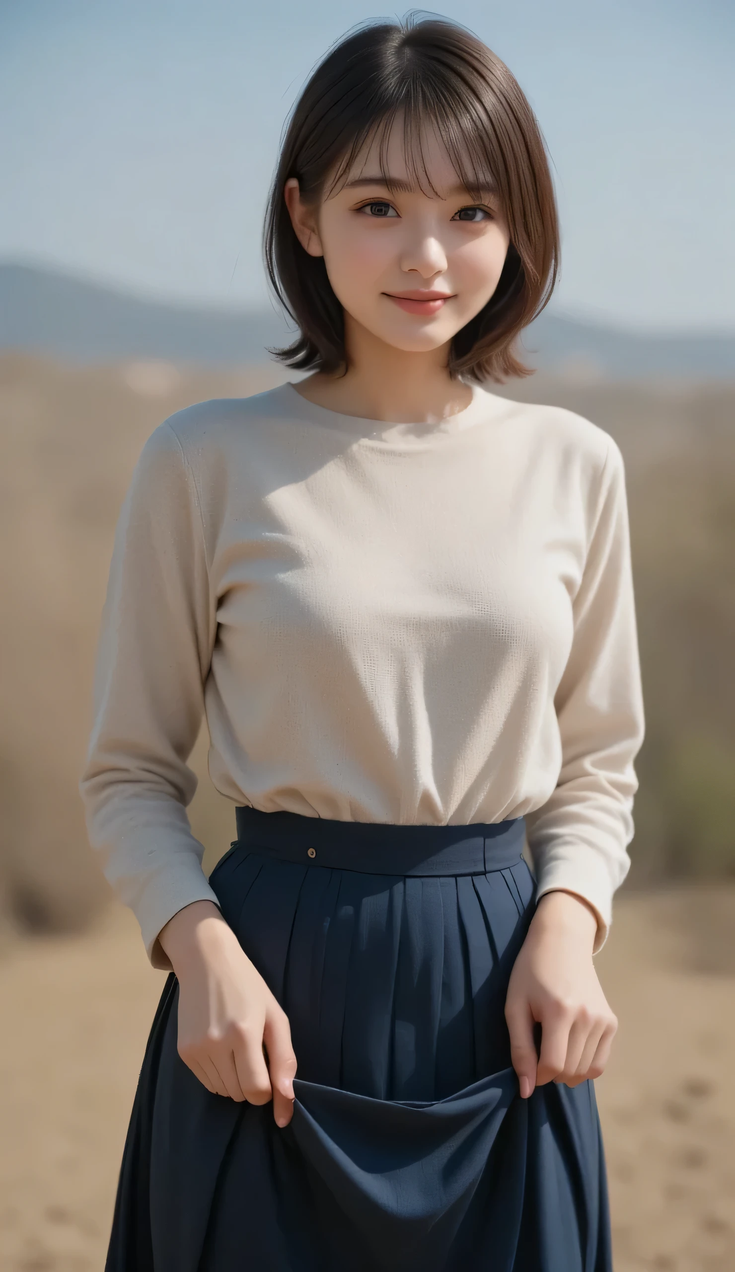 (Hide cleavage, best quality,Super detailed、 high res illustration,Ultra-high-definition CG,caustic, Improve skin quality,reality,masterpiece:1.2, high detail, Physical Beauty: 1.4 , Extremely Detailed Face and Skin Textures , beautiful eyes, double eyelids、8k、35mm Lens、Realistic: 1.37、Brighten the screen,23th Generation, Japanese,((166cm)),((smile)),(((((Wow with Bob Hair:1.3)))),(((TOKYO))),(((Three-Quarter Length))),(((Sweater, long skirt))),Windy: 1.4, standing, grabbing skirt hem: 1.4, white panties: 1.4, skirt flipped up by strong wind: 1.5, pulling skirt: 1.4, lifted by wind: 1.4)