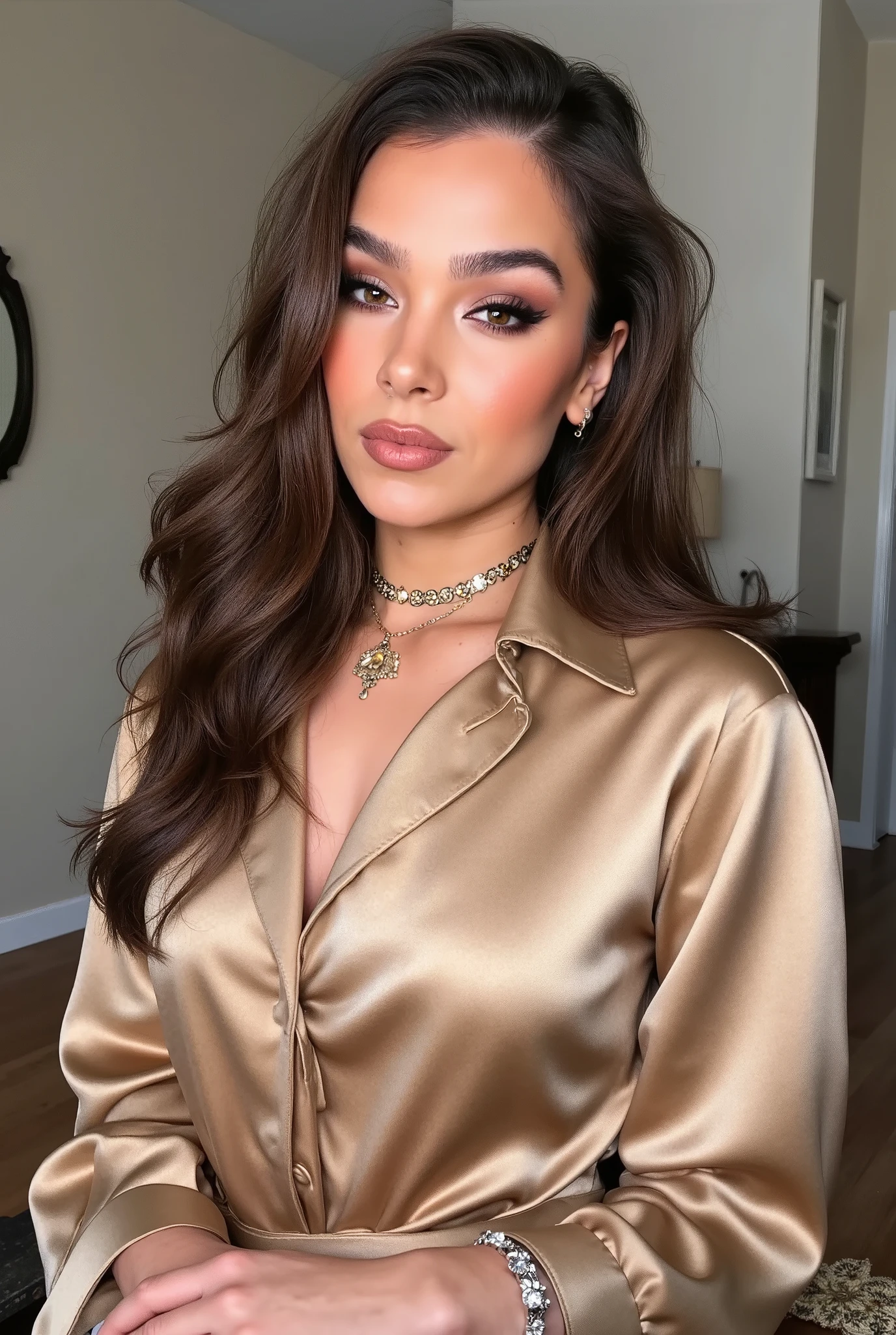 woman, satin shirt, long sleeves, jewelry, necklace, bracelet, posing in her living room