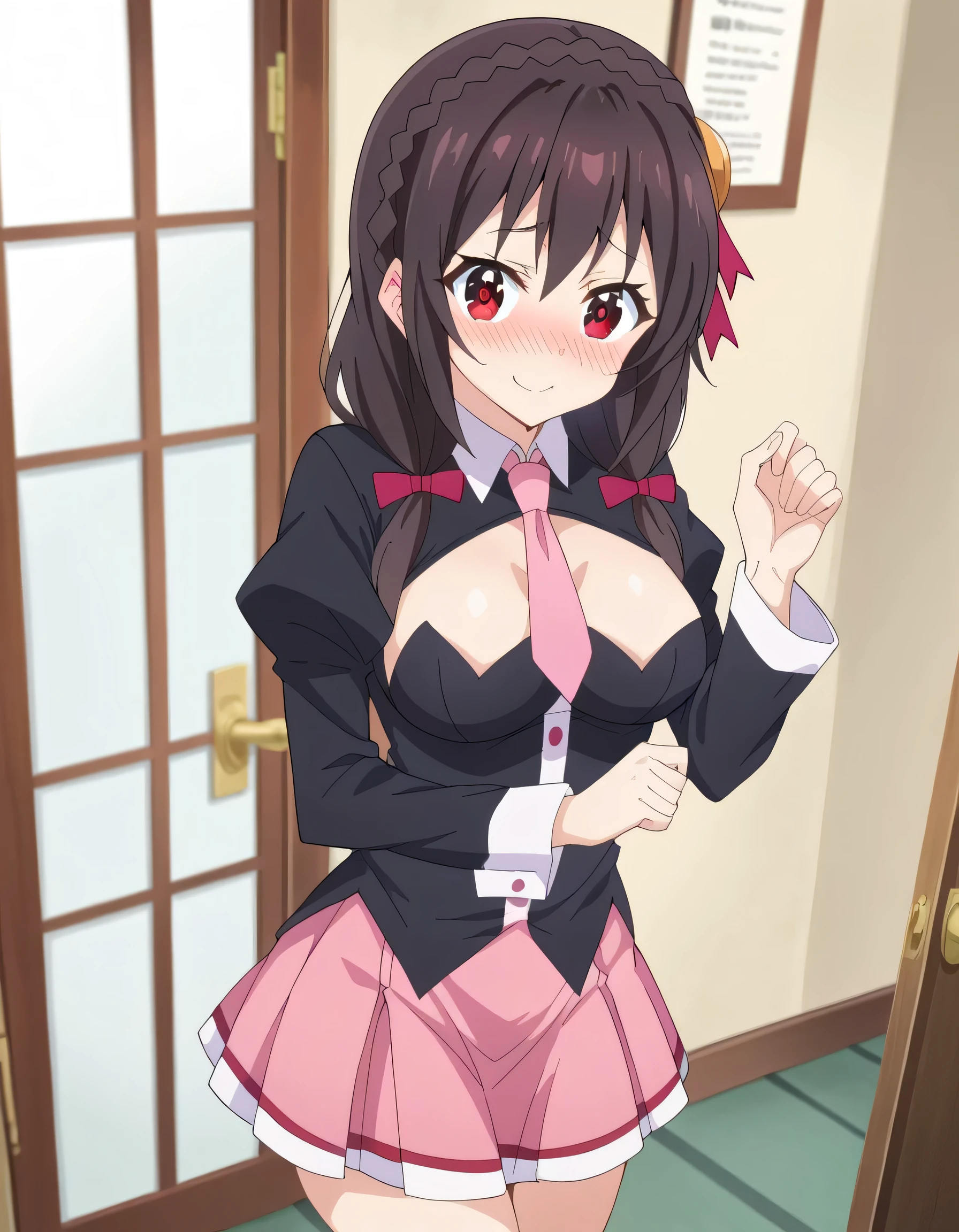 Yunyun, One girl, alone, Portraiture, large round breasts,, shirt, collar, Juliet Sleeve, Cleavage cutout, Low twin tails, Black Hair、Red Eyes、Pink mini skirt, Knee socks, tie, belt, (Embarrassed face:1.2)、Open your mouth a little, (blush:1.2), Perfect quality, good quality, masterpiece, High resolution, 超High resolution 、cowboy shot、indoor、(Pink pants are visible:1.2)