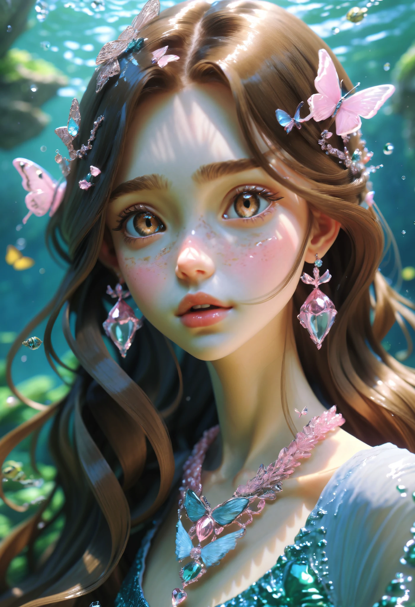 A girl, with long, smooth brown hair, gray brown eyes, light white skin, shiny pink lips, mermaid, wearing a butterfly necklace, t-shirt, beautiful, perfect, high resolution, clear colors.