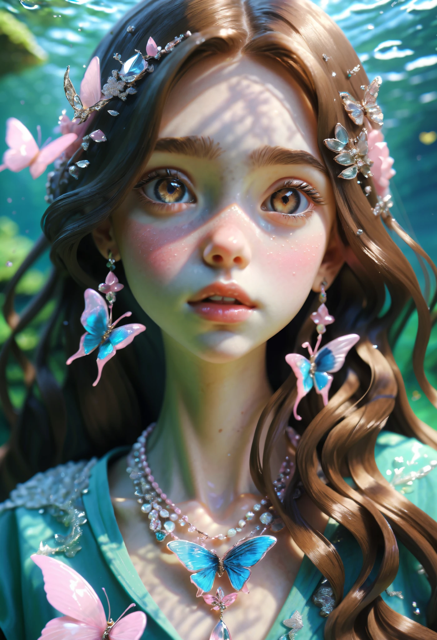 A girl, with long, smooth brown hair, gray brown eyes, light white skin, shiny pink lips, mermaid, wearing a butterfly necklace, t-shirt, beautiful, perfect, high resolution, clear colors.