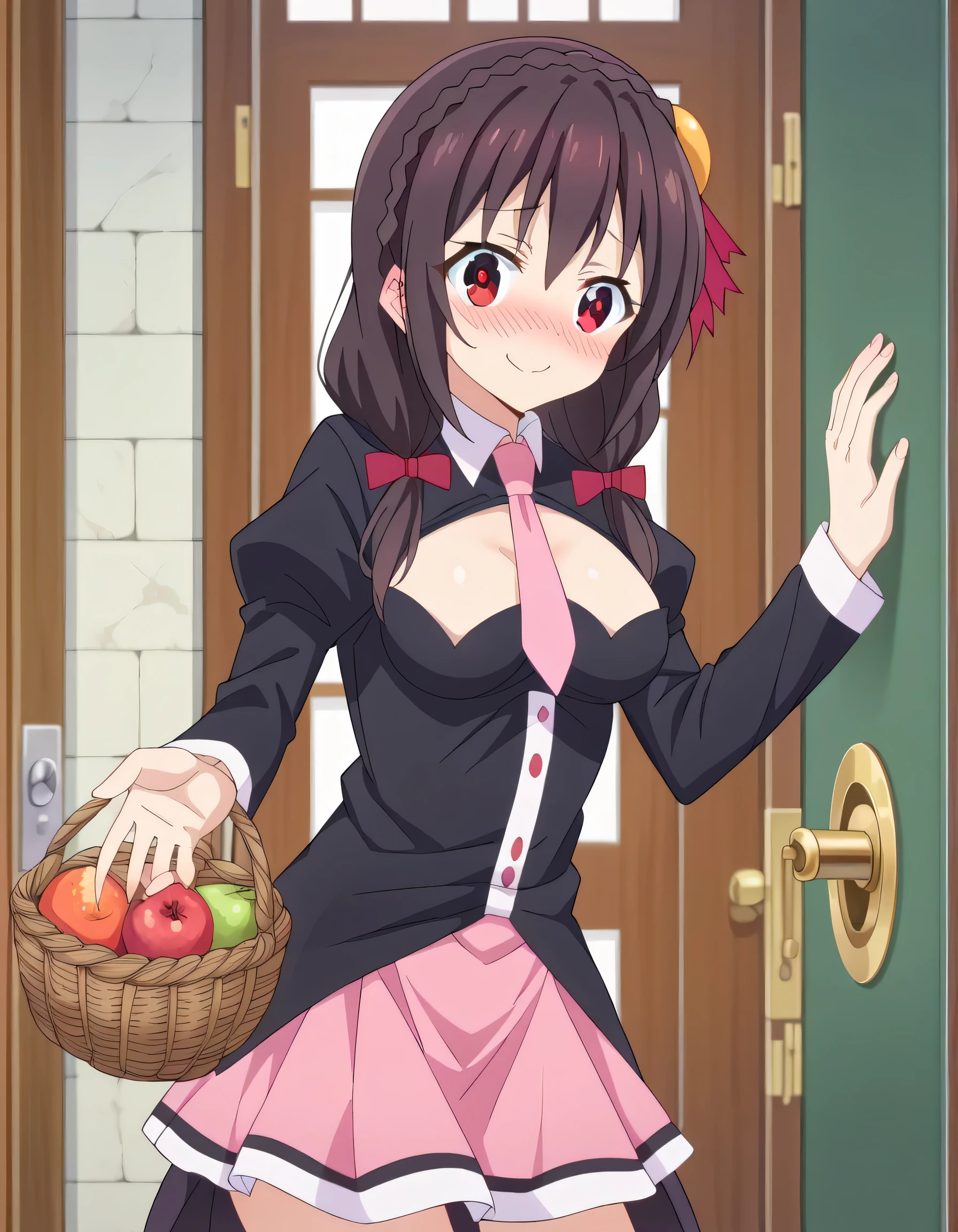 alone, One girl, Yunyun, (Surprised expression:1.2)、(blush:1.3)、 Mouth open、View your viewers, Crown braids of the same color as your hair, Red Eyes、hair ornaments, Hair Ribbon, Pink tie, Long sleeve, Pink Skirt, Knee socks, Cleavage, (Holding a fruit basket in both hands:1.2)、The whole body is visible、Standing