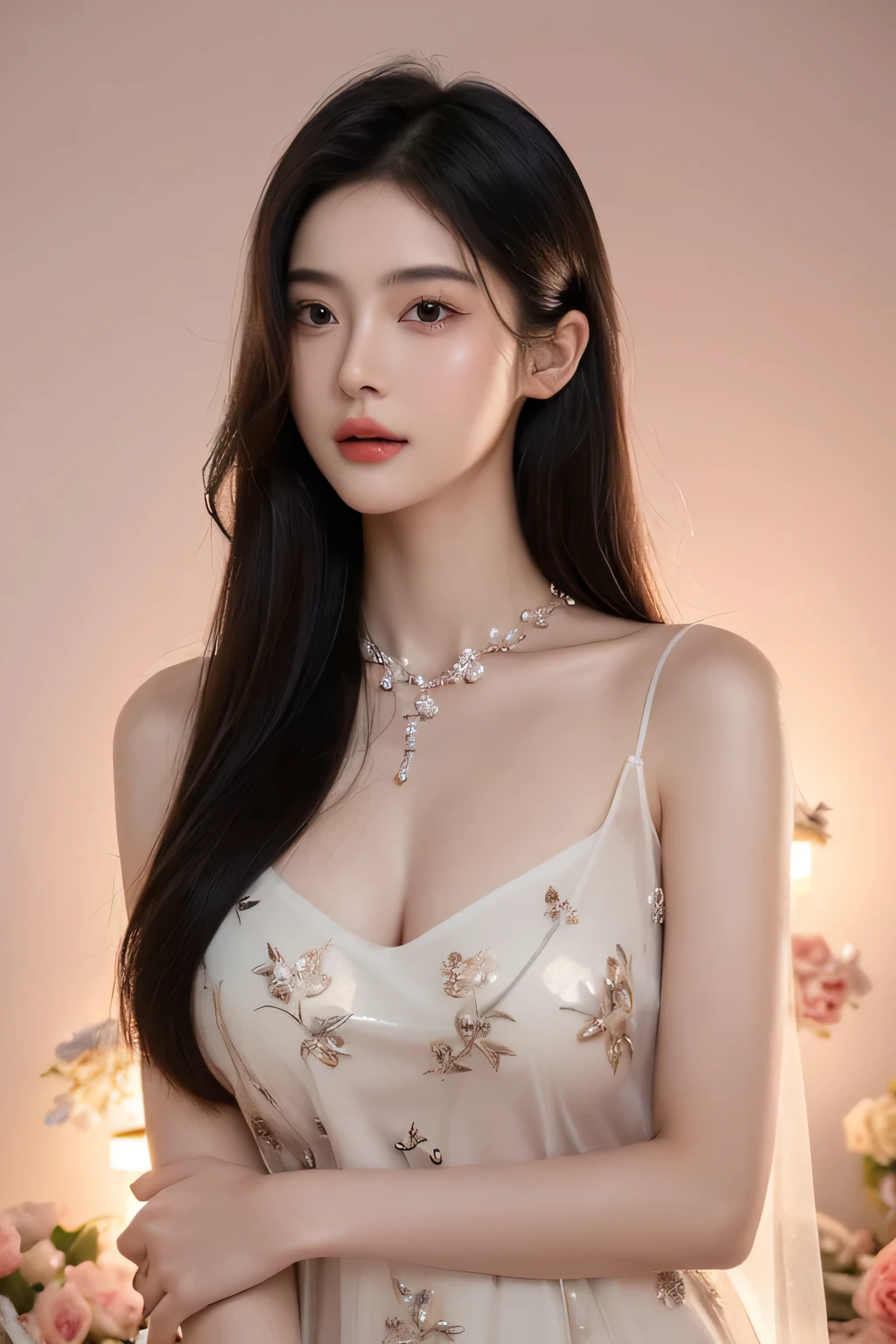 (((best quality))),(((ultra detailed))),(((masterpiece))),illustration,((A beautiful female astrologer,solo)),((slim,thin)),((small breasts,flat chest)),((shoulder length straight hair)),(earrings,necklace),(sparkled sheer robe:1.3),standing beneath a magical summer night, stars twinkling in the velvety darkness,starry sky, sapphire eyes filled with wonder, flowing ethereal gown mimicking the stars, silver pendant shaped like a horoscope,serene smile and captivating gaze, celestial beauty and mystery, solace and inspiration in the vast expanse of the universe,((from front,upper body))