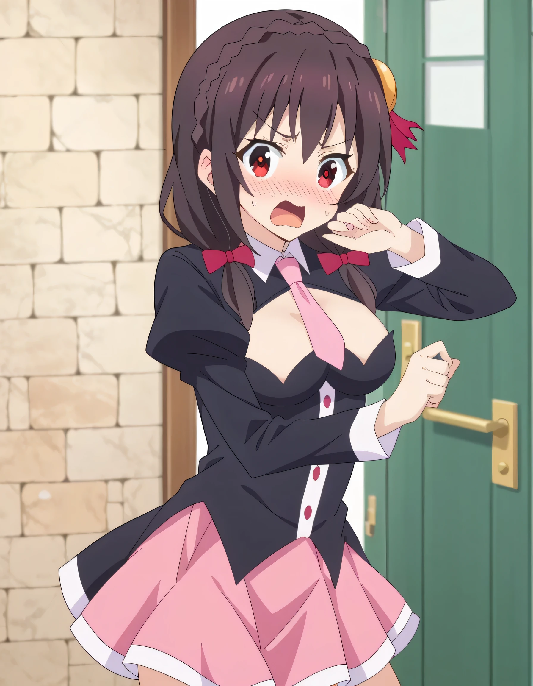(masterpiece, Highest quality), One girl, Yunyun,Long Hair,Braiding,Twin tails,Hair between the eyes,Red hair ribbon,hair ornaments,large round breasts,、Pink Skirt、Black Hair、Crown Blade,Black Shirt, Long sleeve,Pink tie, belt, Cleavage cutout、Above the knee、(blush)、Young face、(Surprised face:1.2)、Playing cards indoors