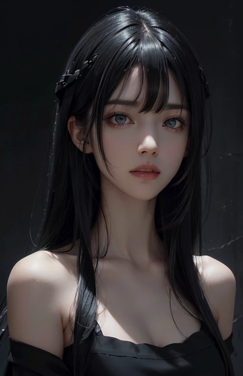 1girl, star eye, blush, perfect illumination, green hair, green eyes, unreal engine, sidelighting, detailed face, bangs, bright skin, simple background, dark background, strapless dress
