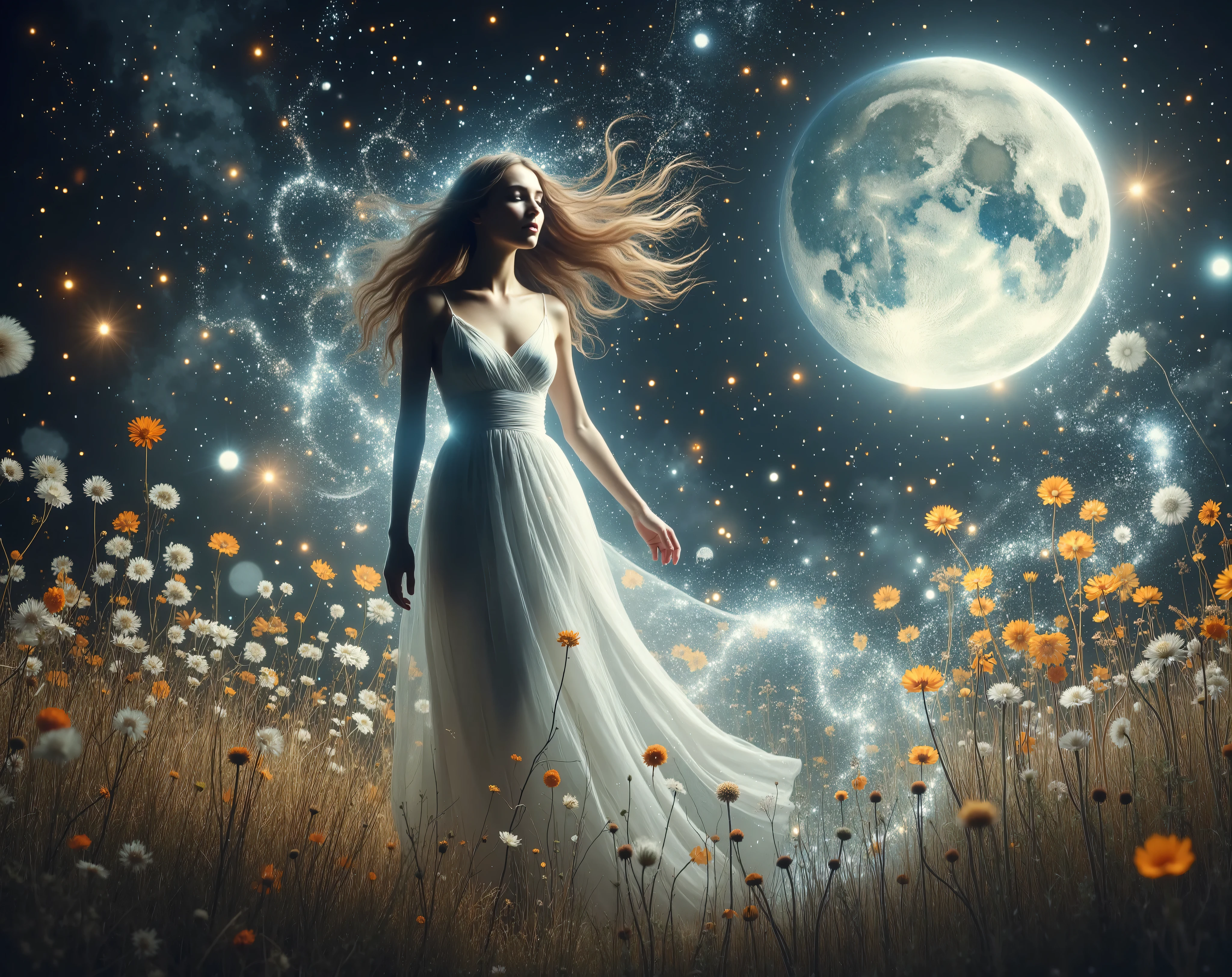 A mystical woman standing against a star-filled night sky, her long, windswept hair and white dress merging seamlessly into delicate wildflowers that drift in the air, their motion dictated by the elegant mathematical function F(x) = x⁴ sin(x) + cos(x³) sin(x²) + e^(-x³) * sin(x). A radiant full moon looms behind, illuminating the surreal transformation.