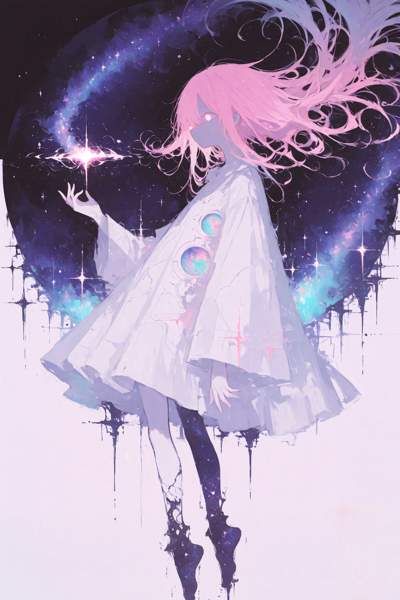 illustration, best quality, dramatic lighting,r17329_illu,usnr,Surrealism,Impressionist lighting,best quality,1girl,long pink hair,flowing hair,ethereal glow,otherworldly atmosphere,glowing eyes,abstract background,dreamlike environment,levitating objects,soft brush strokes,pastel color palette,cosmic sky,light scattering,magical realism style