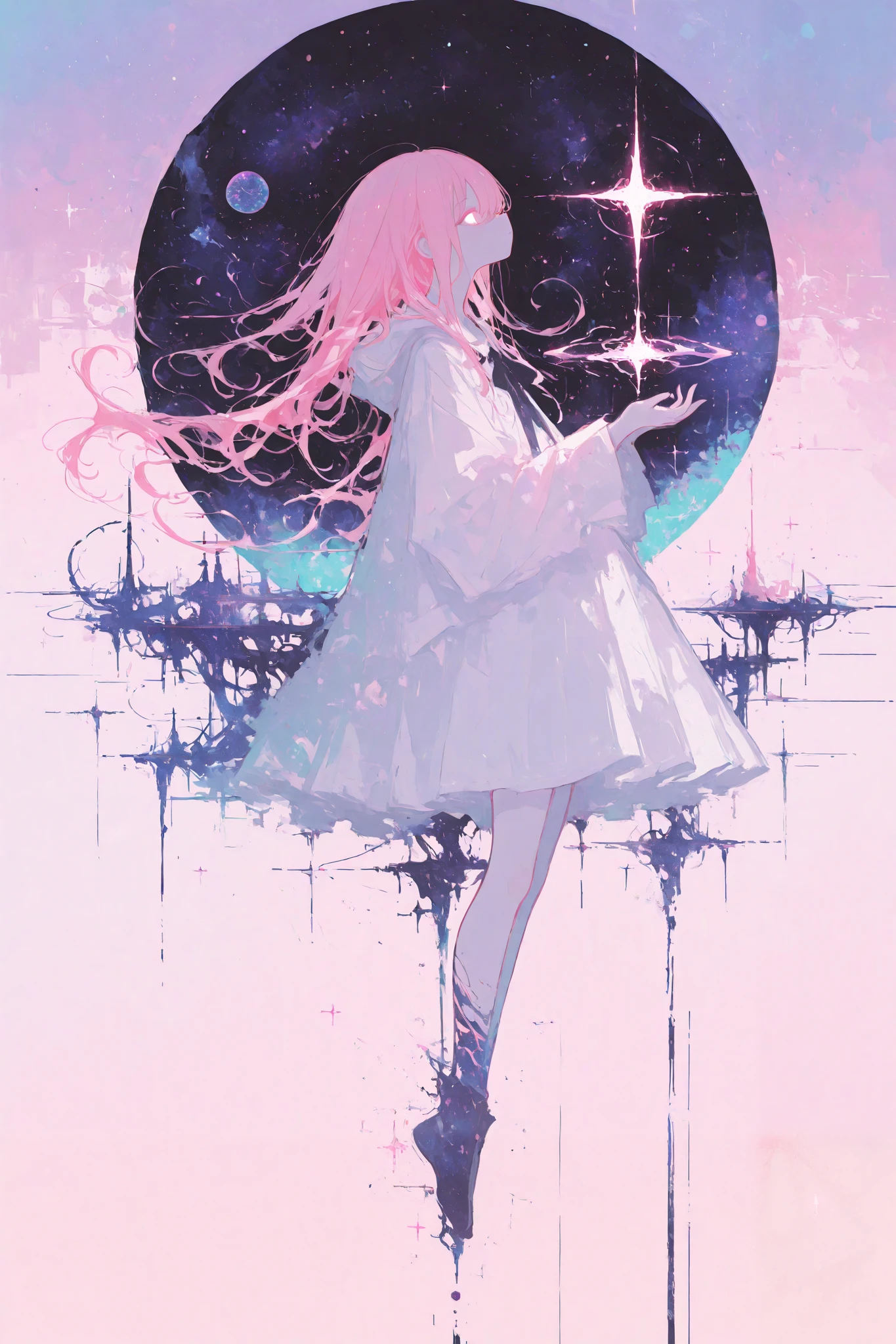 illustration, best quality, dramatic lighting,r17329_illu,usnr,Surrealism,Impressionist lighting,best quality,1girl,long pink hair,flowing hair,ethereal glow,otherworldly atmosphere,glowing eyes,abstract background,dreamlike environment,levitating objects,soft brush strokes,pastel color palette,cosmic sky,light scattering,magical realism style