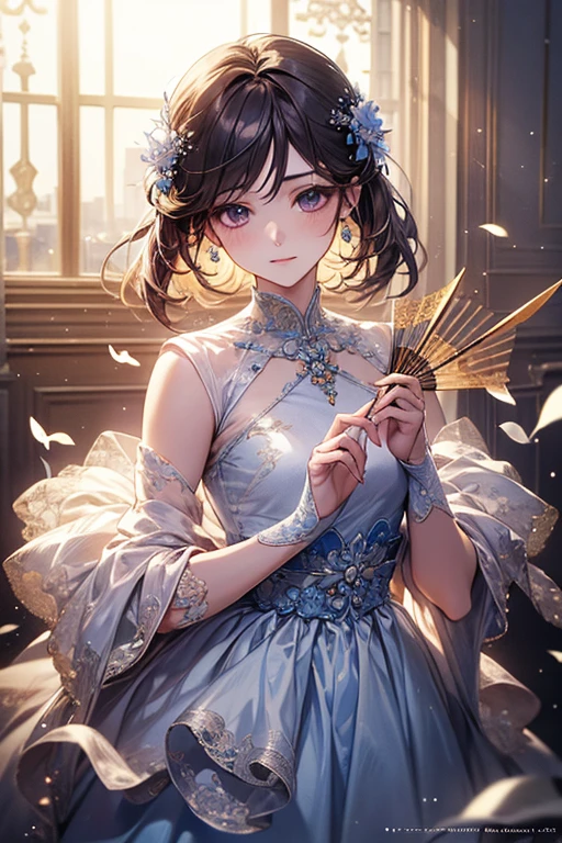 1girl, detailed ceramic figurine, intricate porcelain skin texture, delicate hand-painted facial features, serene expression, elegant flowing dress, ornate ceramic decorations, warm lighting, dramatic chiaroscuro, cinematic composition, highly detailed, best quality, prismatic, holographic, chromati caberration