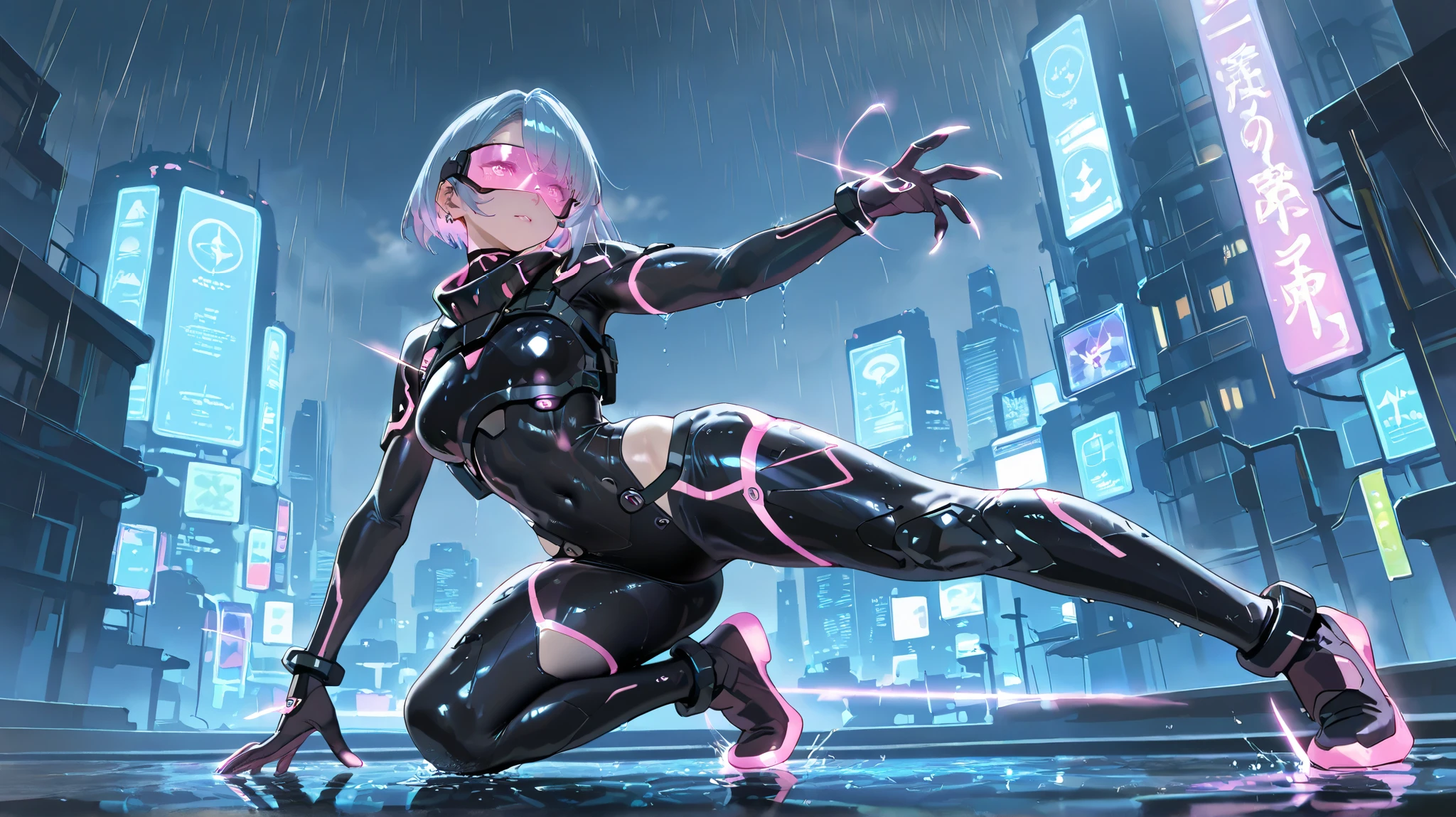 A stunning cyberpunk ninja girl with a perfectly toned and athletic body, radiating strength and agility. Her muscular yet sleek physique is highlighted by a form-fitting, high-tech ninja suit with glowing neon accents, blending futuristic armor with flexible, tactical fabric. Her short, edgy hair is styled in a dynamic, rebellious cut, and her piercing eyes gleam with determination beneath a sleek, high-tech visor. She is equipped with advanced cybernetic enhancements, including energy-bladed katanas and retractable claws. The background is a neon-lit, dystopian cityscape with towering skyscrapers, holographic billboards, and a misty, rain-soaked atmosphere. Her pose is powerful and ready for action, emphasizing her deadly grace and unstoppable prowess as a futuristic warrior.