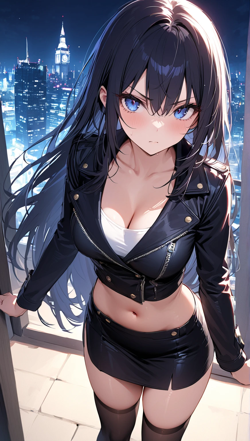1girl,suit,blue eyes,black hair,mullet haircut,medium tits,happy expression
