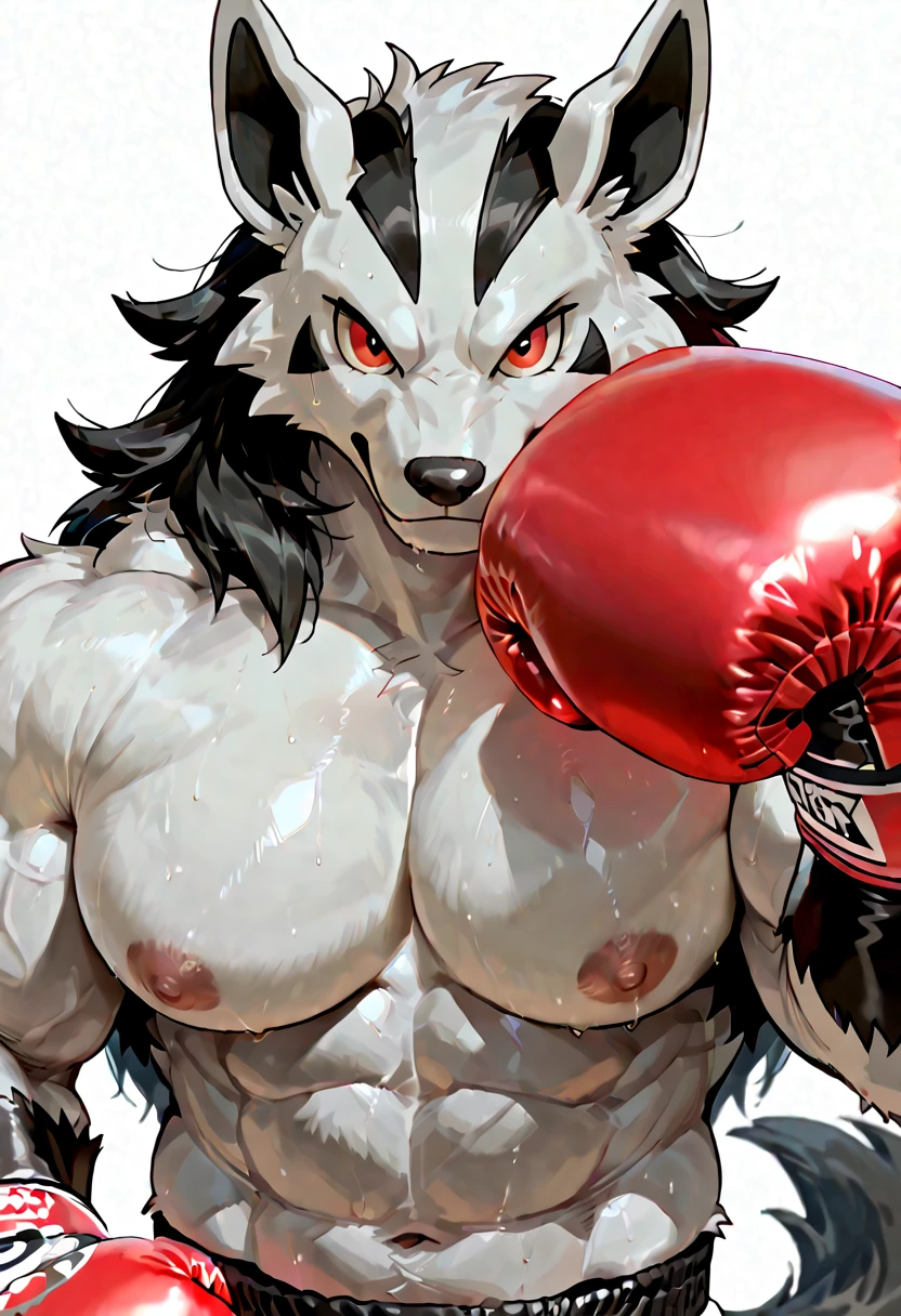 A wolf wearing a (motogp racing suit)redsuit, hug on a punchbag, started showing a real dick, straight up erects dick, moaning face, dick inside the boxing glove, cum explode on wolf dick