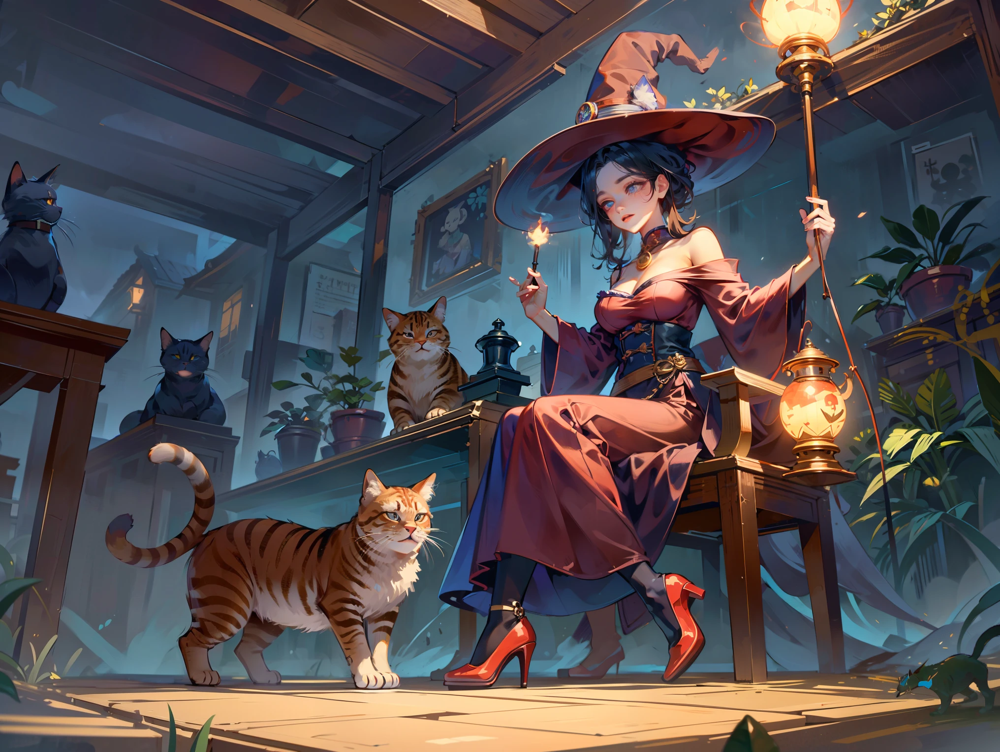 A very beautiful witch、Multiple very large cats、Witch's Familiar Cat、The witch is diligently hitting the cat、The cat is standing upright on two legs、Cats are very eerie、A group of bakeneko