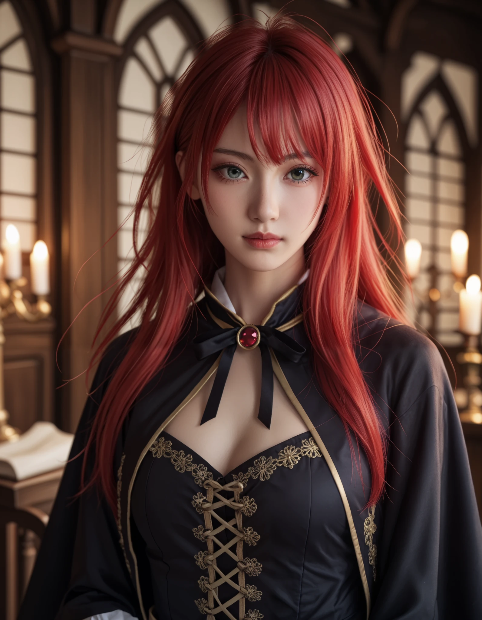 score_9, score_8_up, score_7_up, high quality,1 Japanese Girl, gothic atmosphere , ( wizard :1.5),ribbon ,( upper body:1.5), chest ,( red hair:1.5), from the front、Wear a black magician robe with gold embroidery、medieval interior、 wizard の服
