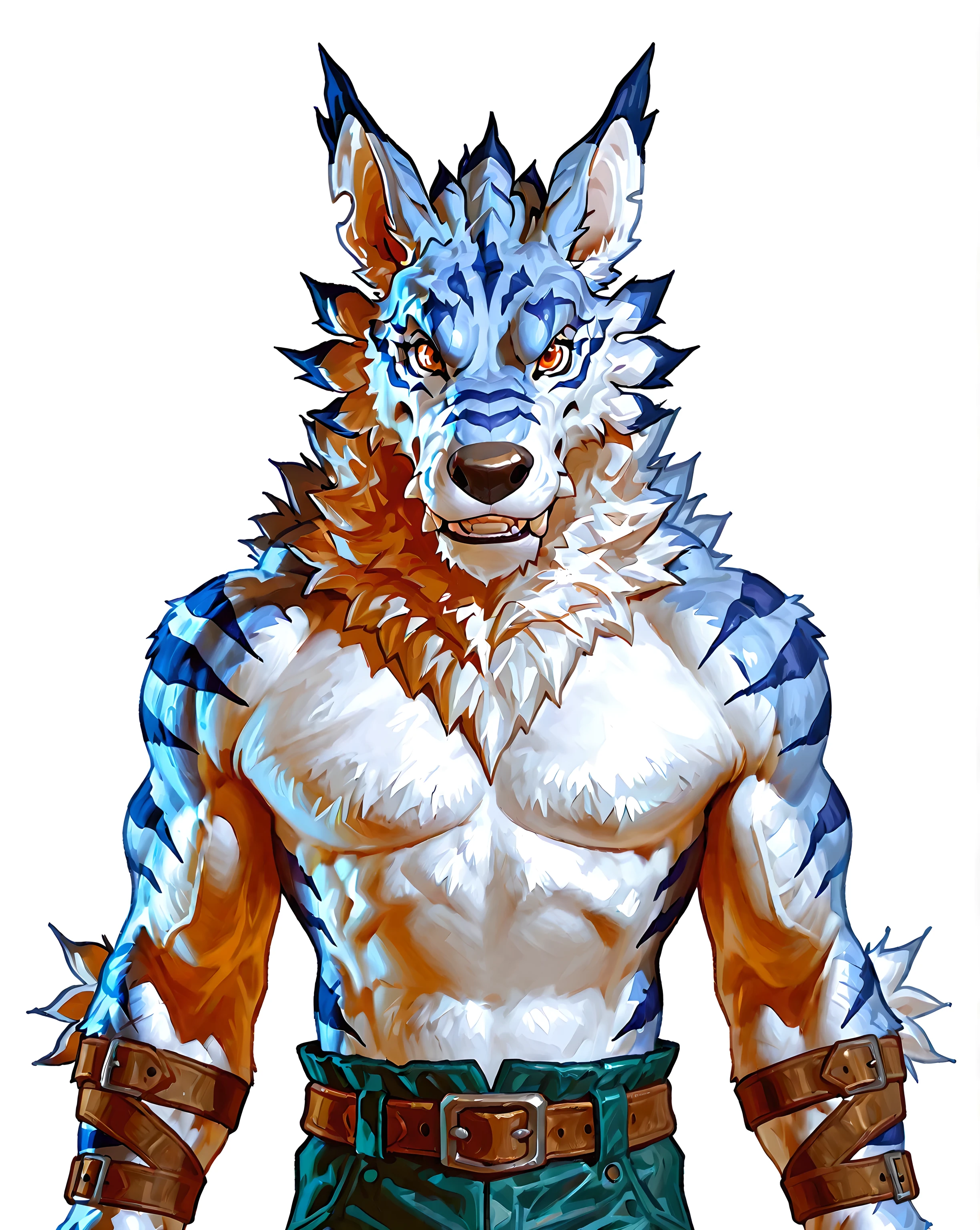 weregarurumon, high quality, male, solo, white background, no background, half body, upper body, looking at viewer, mane, belt, pants, orange eyes, muscular, thick muscles, bulging muscles