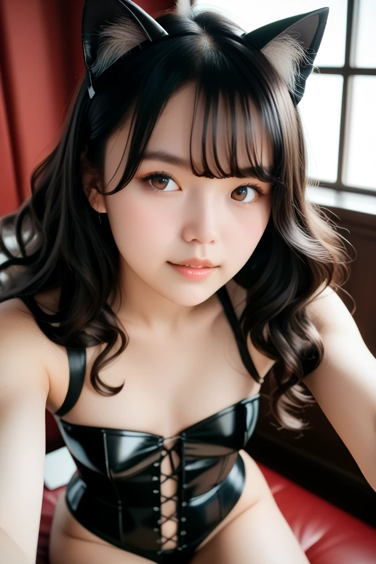 best qualityer, , black hair, long hair, baby face, small, Linda, Grinning, restroom, in the bath, whole body, nova, smallbreast, showing the chest, Messy hair, photoshot, showing body, real light, realisitic, fine-detailed, good lighting environment, lampshade, short legging, cintura alta, sutiã,, cat woman costume, cat ears tiara,