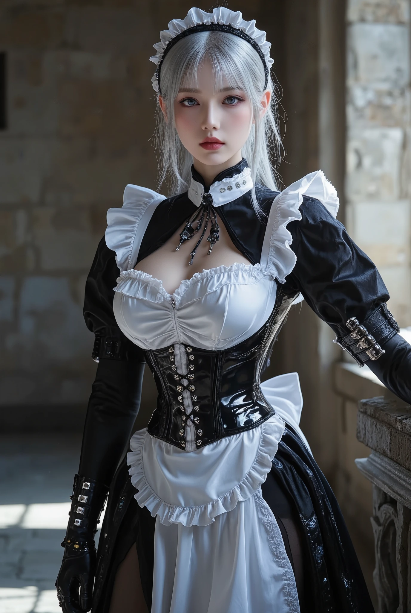 Young Cyborg Beauty ,( black and white gothic maid outfit, Long Skirt, corsets , black tights, Black Boots ),( Silver Hair, Shoulder-length hair in images , purple eyes, Half-close your eyes , unusual suspicious feelings:1.3,Black Lips:1.5, big breasted, shiny skin, Perfect Female Body Type , IDEAL BODY PROPORTION, attractive proportions, Tight Woman , curvy beauty, HD Skin ,A girl with a very beautiful and detailed face), Upper body portrait ,background:Medieval castle, bright,Polite Pose , Dramatic Lighting,( masterpiece, Top Quality, completely naked, incredibly high resolution ),