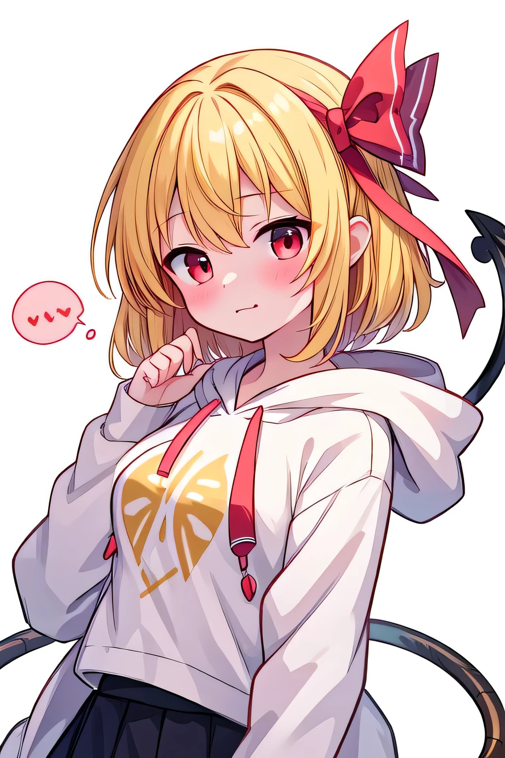 detailed background, Masterpiece, top quality, Emoji豊か、 upper body、1Alone、1By people、1Only people、only girl、Flanders Scarlett, , third-tailed yellow hair 、 red eyes、 Gold、Short Hair、 short hair、about the age of a female college student、 Touhou Project、Costume( white hoodie)、 white hoodieを着ている、 Emoji(Anxious face)、Anxious faceで、blush your cheeks slightly with an impatient face、Pure white background、