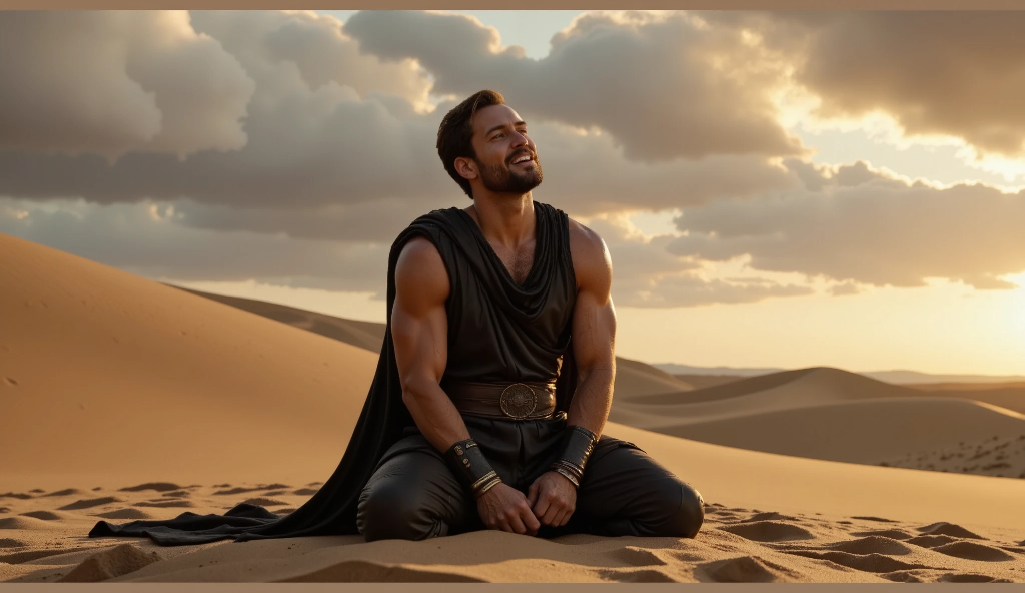 The Thracian king, dressed in dark clothes, is kneeling in the sand, disarmed and looking up with a mocking grin. The scene is set against a backdrop of vast sand dunes under a dramatic sky, with the setting sun casting long shadows. The king's expression is one of defiance, as he laughs in scorn. The detailed realism and cinematic lighting give the scene an intense and powerful atmosphere, capturing the tension and drama of the moment.