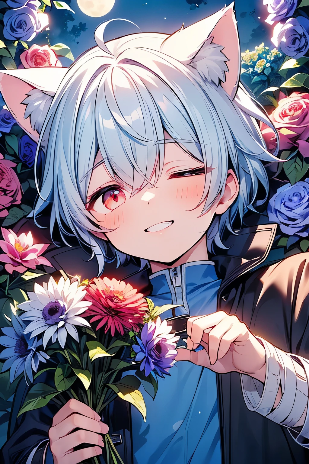 ((boy :1.3)),((handsome:1.2)),((adult men:1.3)),(short hair:1.0),(Karl hair:1.1),(Blue hair:1.15),((calico cat ears:1.2)),((dark skin body:1.25)),((looking down:1.1)),((eerily glowing violet eyes:1.3)),((eyes out of focus:1.1)),((droopy eyes:1.3)),((sleepy eyes:1.4)),((Blue full moon:1.2)),((cat tail:1.1)),((bandage your arm or head:1.15)),((one eye is hidden by hair:1.2)),((out of fashion:1.0)),((cat ears:1.2)),((top view:1.1)),((holding the Many flowers in hand:1.25)),((botanical coat:1.15)),((A smile filled with pleasure:1.1)),((ecstatic expression:1.1)),((smiling with teeth exposed:1.1)),