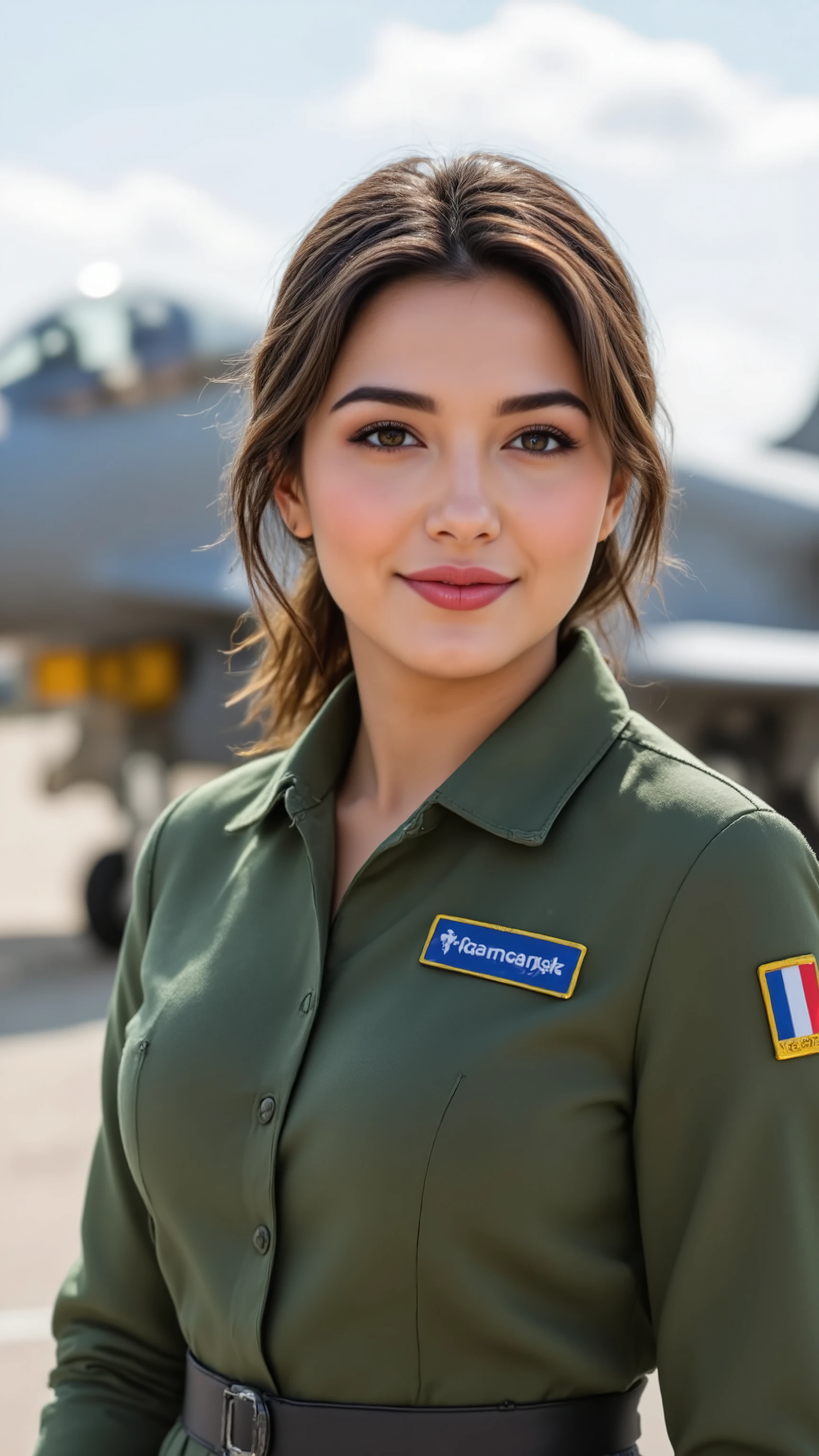 Masterpiece, high-resolution and highly realistic, close-up, beautiful brunette woman in her 25s, with warm brown eyes, adorned with a green and yellow French Air and Space Force pilot uniform with tactical details, featuring a French flag badge, confident and attractive smile, her hair falling in soft waves, framing her face as she proudly stands with a confident smile. Looking directly at the camera. In the background is a modern military aircraft, a Dassault Rafale fighter jet, under a bright sky. The scenario is realistic, with soft lighting and focus on details of the uniform and aircraft.