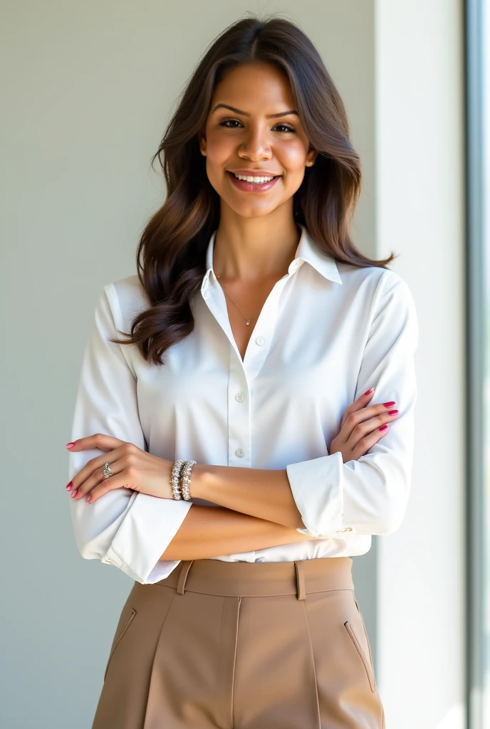 PICTURE REALISTIC, woman smiling, entrepreneur, Linda, wearing formal clothes, the blouse has a high collar, brown hair and eyes, standing in his office. Hair is wavy. The image must show the woman's hair and entire body. The shoe is closed. The woman's hands are resting on her waist.