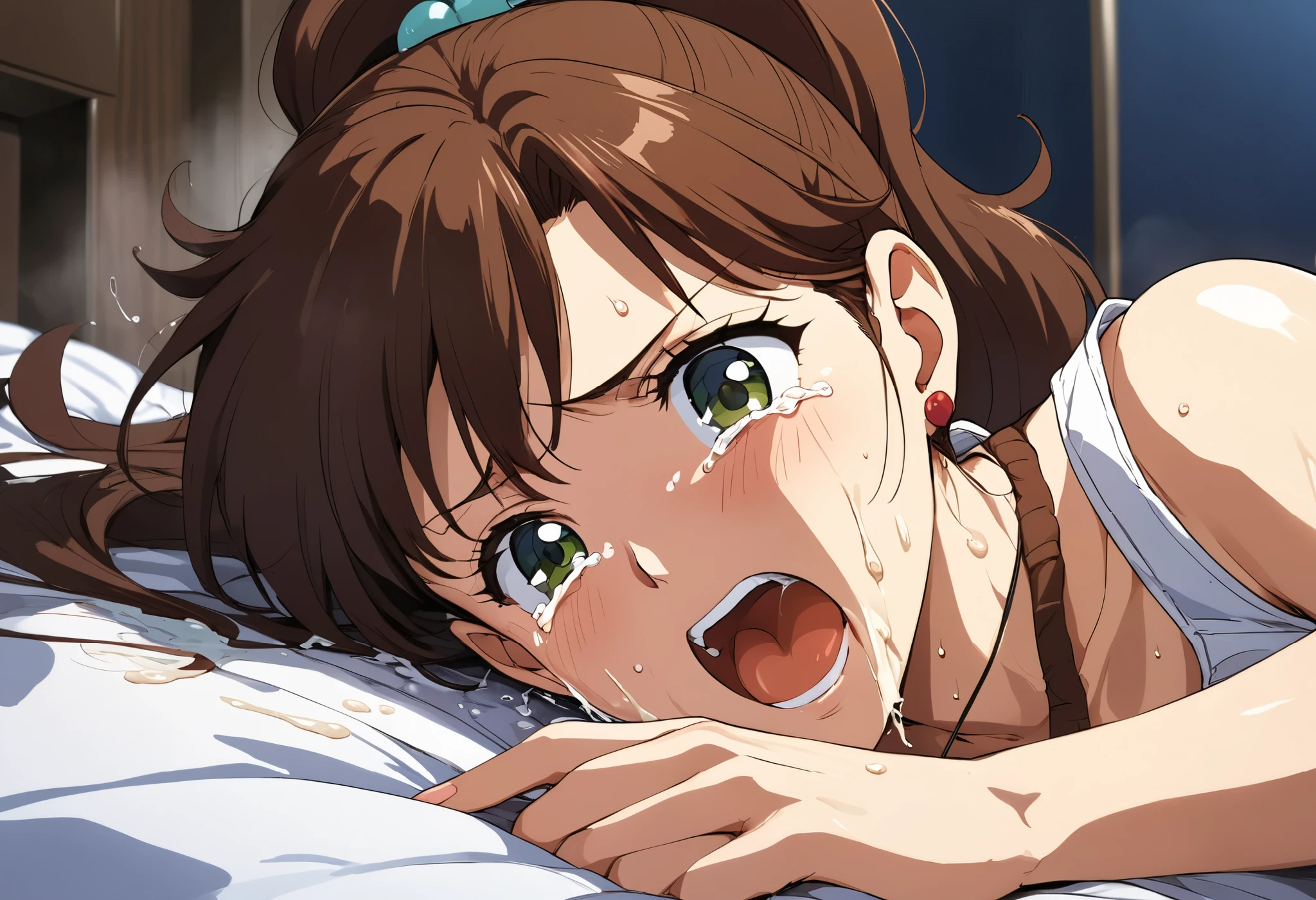 masterpiece, Highest quality, High resolution, (Makoto Kino),1990s \(style\),height: 175cm, Brown long hair,ponytail、 sexyな長い脚,loose tank top,Shorts, Bedroom,(E-cup beautiful breasts)、Sweating all over the body、vapor、Muscular、sexy,Crying face、Crying loudly、Scream,Open your mouth wide,A facial expression of pleasure、Sexual climax、Sweaty、Side view、look up,couple,nsfw,sex,vagina,penis,Semen splattered on face、Anime-style painting style,Composition focusing on the upper body、Lying on your back