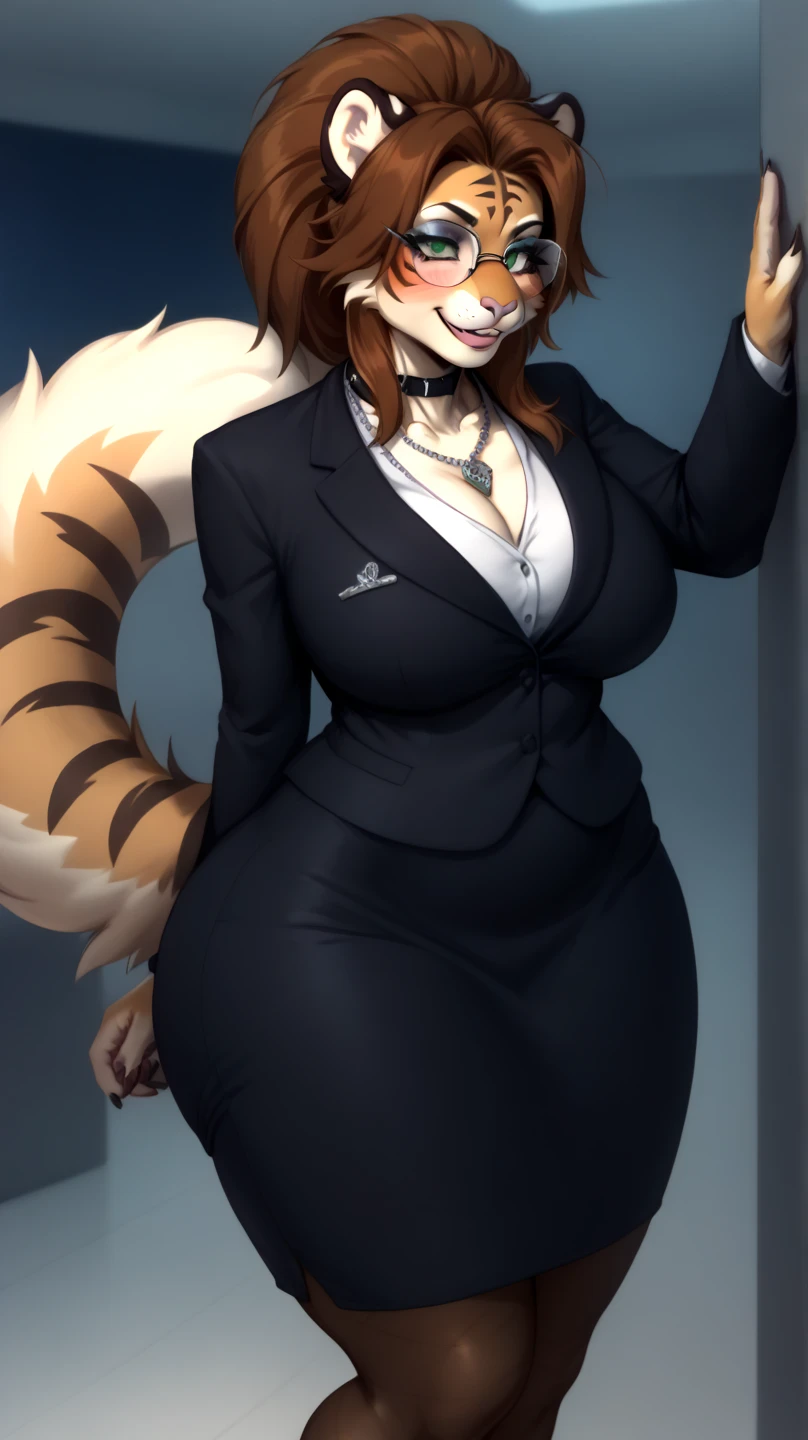 score_9, score_8_up, score_7_up, from the author: Wyla
Anthropomorphic furry female tigress, [uploaded to e621.net; (youre)], ((masterpiece)), ((solo portrait)), ((foreground)), large breasts, wide hips, open neckline, {antro; , pink nose, small brown eyebrows, short, shortstack, smug, (blushing), make up, (black eyeshadow), black lipstick, long brown hair, bushy tail, (high heels)}, black suit with skirt, ((three-piece suit)),necklace, blazer, tight mini skirt, glasses, sitting on a chair, confident, hand on hip, goth, corporate goth

