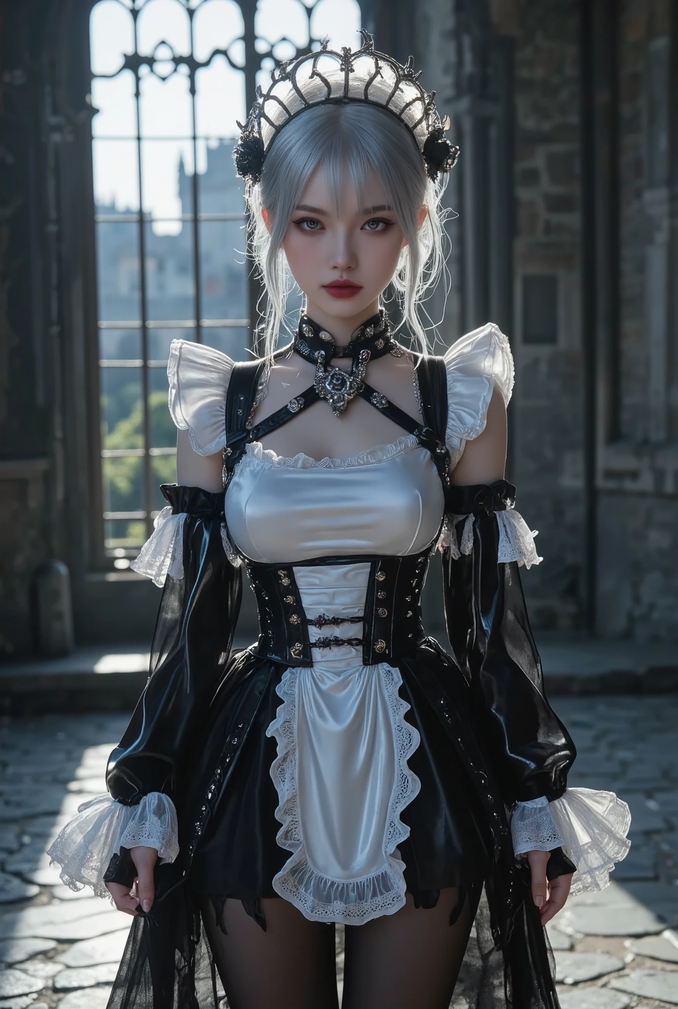 Young Cyborg Beauty ,( black and white gothic maid outfit, Long Skirt, corsets , black tights, Black Boots ),( Silver Hair, Shoulder-length hair in images , purple eyes, Half-close your eyes , unusual suspicious feelings:1.3,Black Lips:1.5, big breasted, shiny skin, Perfect Female Body Type , IDEAL BODY PROPORTION, attractive proportions, Tight Woman , curvy beauty, HD Skin ,A girl with a very beautiful and detailed face), Upper body portrait ,background:Medieval castle, bright,Polite Pose , Dramatic Lighting,( masterpiece, Top Quality, completely naked, incredibly high resolution ),