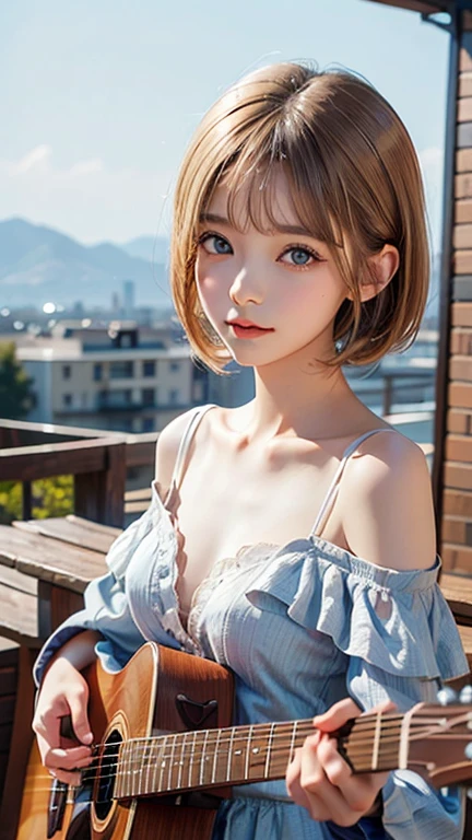 (High resolution、8k:1.3)、masterpiece、(Ultra-realistic as a photo:1.3)、Very nice finish、Perfect Anatomy, Sharp focus, 超High resolutionの顔、highest quality、The face is in focus、Ultra high definition and beautiful eyes、Eyes are symmetrical、High quality and beautiful skin、Firm Skin、Japanese Girls, thin、very cute、17 years old、(Off the shoulder、Pleated skirt、mini skirt), Natural Makeup, (blush:1.3), (Embarrassing:1.3)、Sitting、(Looking down、View your audience:1.3),short hair, Messy Hair