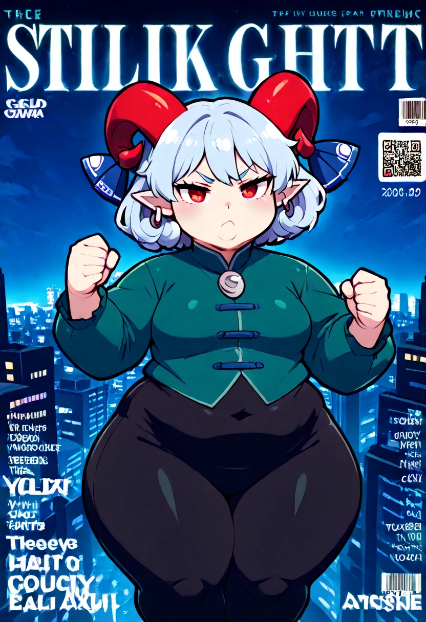((best quality, 4k, 8k, anime bishoujo, one girl, masterpiece), ((((beautiful extremely detailed face)))), (detailed eyes), red eyes, natural lighting, ((giantess, GTS, taller than a building, striking pose,)), ((yuuma toutetsu, yuuma)), (wavy hair, short hair, light blue hair, curved red horns), ((,((green business suit, green double breasted suit)), long pants, black pants)), ((flat breasts, small breasts, ((SSBBW)), chubby, colossal hips, blimphips, colossal thighs, blimpthighs, ((extremely wide waist, covered belly, belly fat)), )), natural lighting, ((detailed background, night sky, city lights, miniture city, greenery)), (high angle, tilted angle), (magazine cover, fake magazine cover, cover, fake cover, price, cover page, text focus, barcode, content rating, dated,),