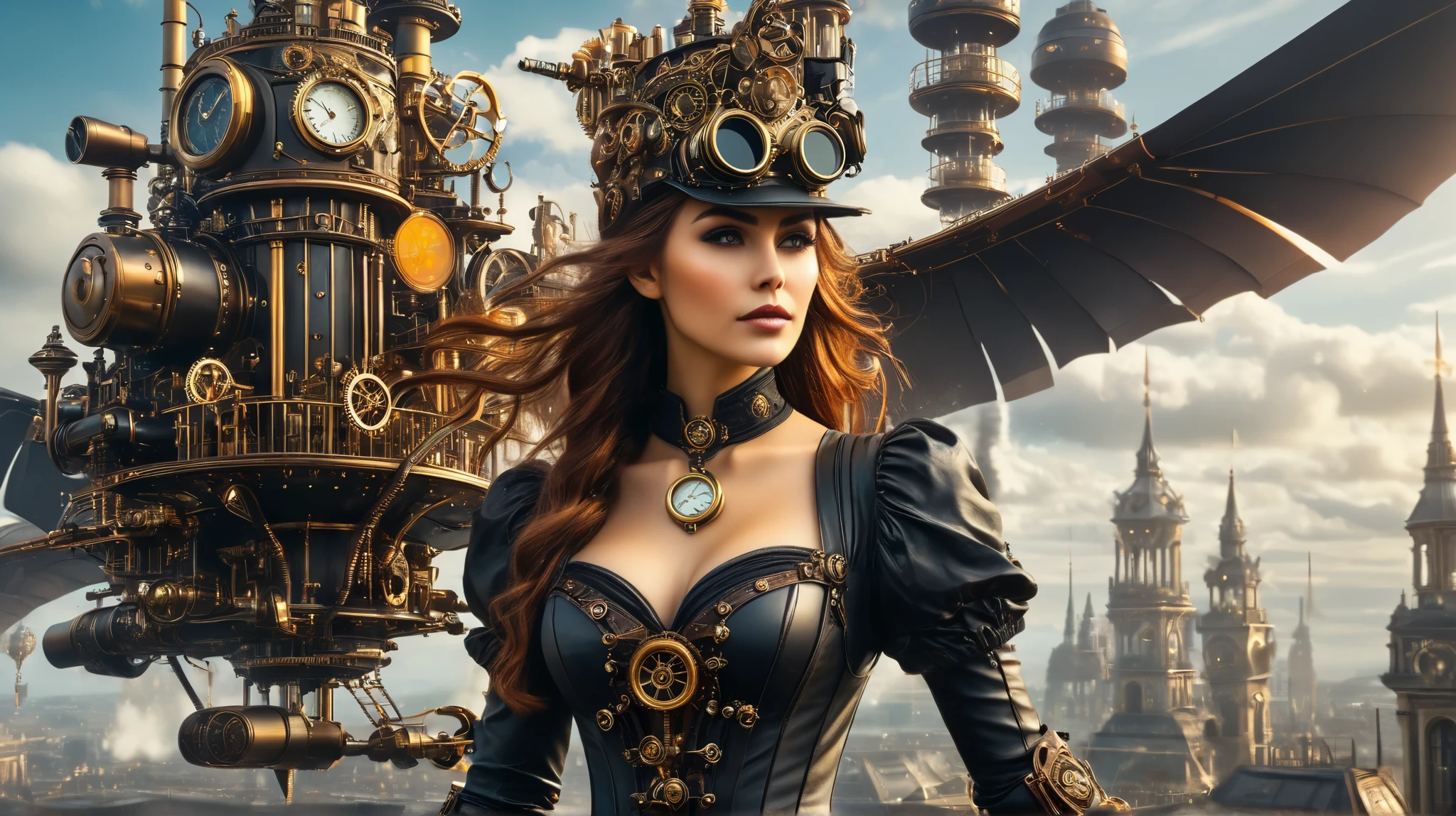 Create a full-body image of a woman in a steampunk outfit, ensuring she is fully visible from head to toe. She is captured in a unique moment: taking a photo with a futuristic yet steampunk-style mechanical device. Her attire is a masterpiece of steampunk fashion, blending vintage and technological elements, rich in golden gears, elegant corsets, flowing skirts, and metallic accessories.
She embodies the essence of a beautiful steampunk goddess , exuding mystery and fascination. A steampunk inventor girl , surrounded by small magical inventions and tools powered by steam, symbolizing the power of human creativity. The environment around her reflects the vibrant concept of the steampunk universe: a world filled with mechanical wonders, warm golden lights, and a nostalgic atmosphere.
Include the following elements to enhance the theme:
Elaborate outfit: A dress or steampunk attire full of intricate details such as protective goggles, sturdy boots, and shiny metallic ornaments.
Golden Steampunk: Highlight golden and copper tones in the gears, decorations, and accessories.
Steam power: Show devices and machines emitting steam, creating a dynamic and industrial feel.
Vibrant steampunk world: Place her in a fantastic setting, like a futuristic 19th-century city with airships in the sky, suspended bridges, and large rotating gears in the background.