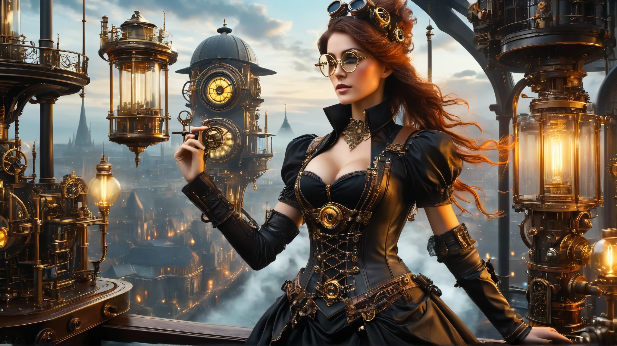 Create a full-body image of a woman in a steampunk outfit, ensuring she is fully visible from head to toe. She is captured in a unique moment: taking a photo with a futuristic yet steampunk-style mechanical device. Her attire is a masterpiece of steampunk fashion, blending vintage and technological elements, rich in golden gears, elegant corsets, flowing skirts, and metallic accessories.
She embodies the essence of a beautiful steampunk goddess , exuding mystery and fascination. A steampunk inventor girl , surrounded by small magical inventions and tools powered by steam, symbolizing the power of human creativity. The environment around her reflects the vibrant concept of the steampunk universe: a world filled with mechanical wonders, warm golden lights, and a nostalgic atmosphere.
Include the following elements to enhance the theme:
Elaborate outfit: A dress or steampunk attire full of intricate details such as protective goggles, sturdy boots, and shiny metallic ornaments.
Golden Steampunk: Highlight golden and copper tones in the gears, decorations, and accessories.
Steam power: Show devices and machines emitting steam, creating a dynamic and industrial feel.
Vibrant steampunk world: Place her in a fantastic setting, like a futuristic 19th-century city with airships in the sky, suspended bridges, and large rotating gears in the background.