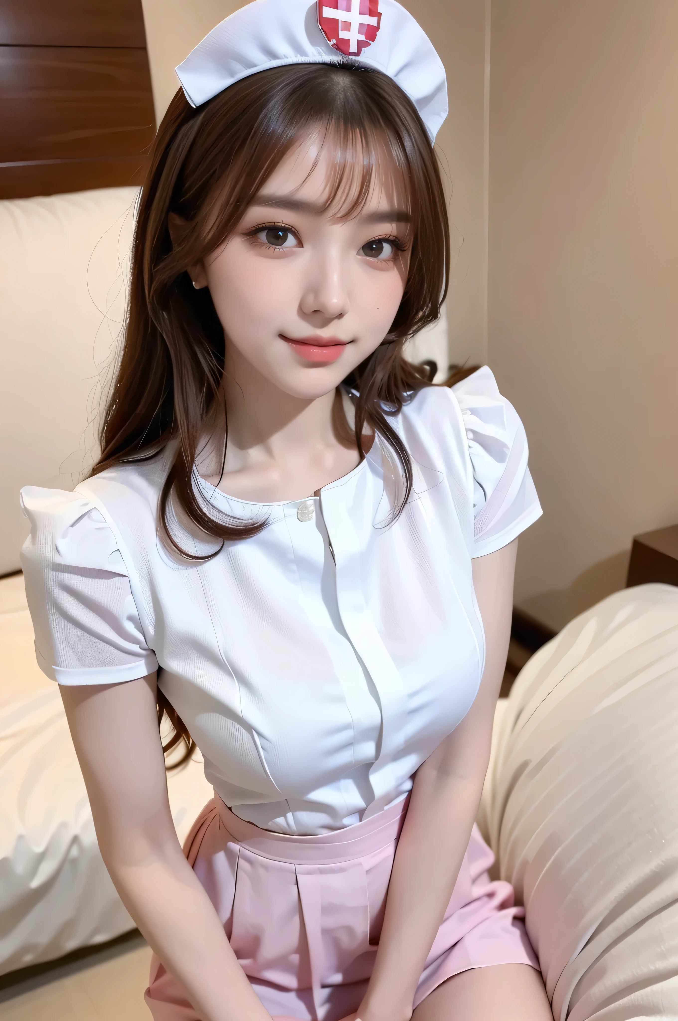Mine type girls、Close to human、Raw photo、a miniskirt、a smile、Large breasts、Chest is open、Pink and white attire like mine、long、bow ribbon、Cute shoes、Cute Kutsushita、Looking at the camera、sexypose、In the city during the day、